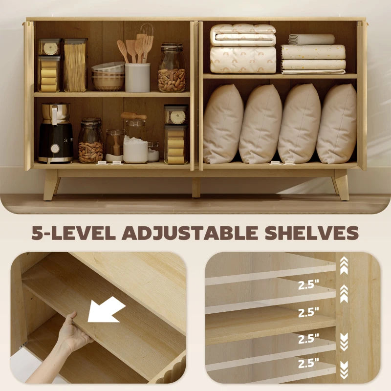 Fluted Sideboard Buffet Cabinet, 55" Coffee Bar Cabinet with 4 Doors, 2 Adjustable Shelves, 5 Wood Legs, Nature Wood