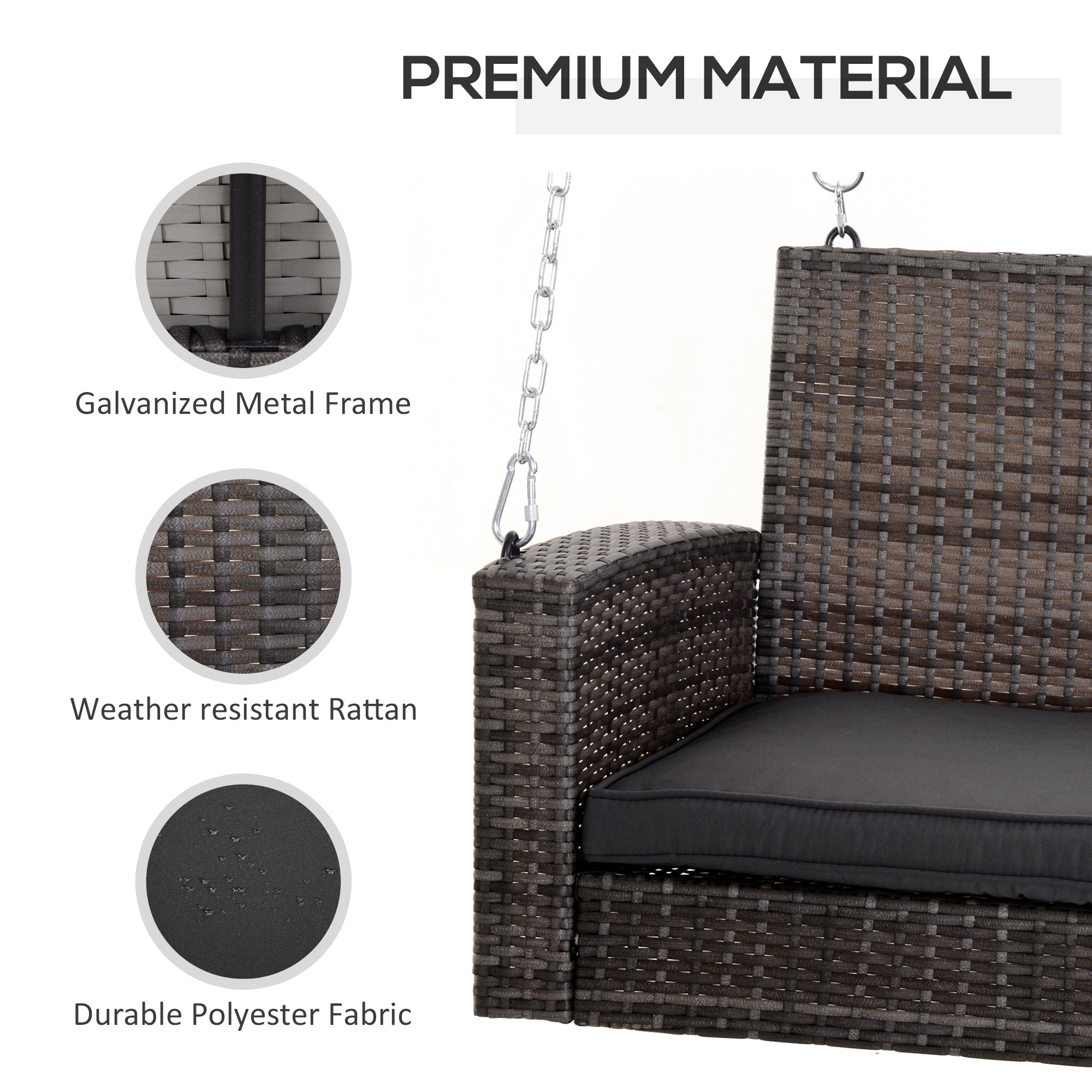 Outsunny 2-person Outdoor Wicker Porch Swing Chair Garden Rattan Hanging Bench with Cushion Yard Double Hammock Sun Lounge Seat, Grey 