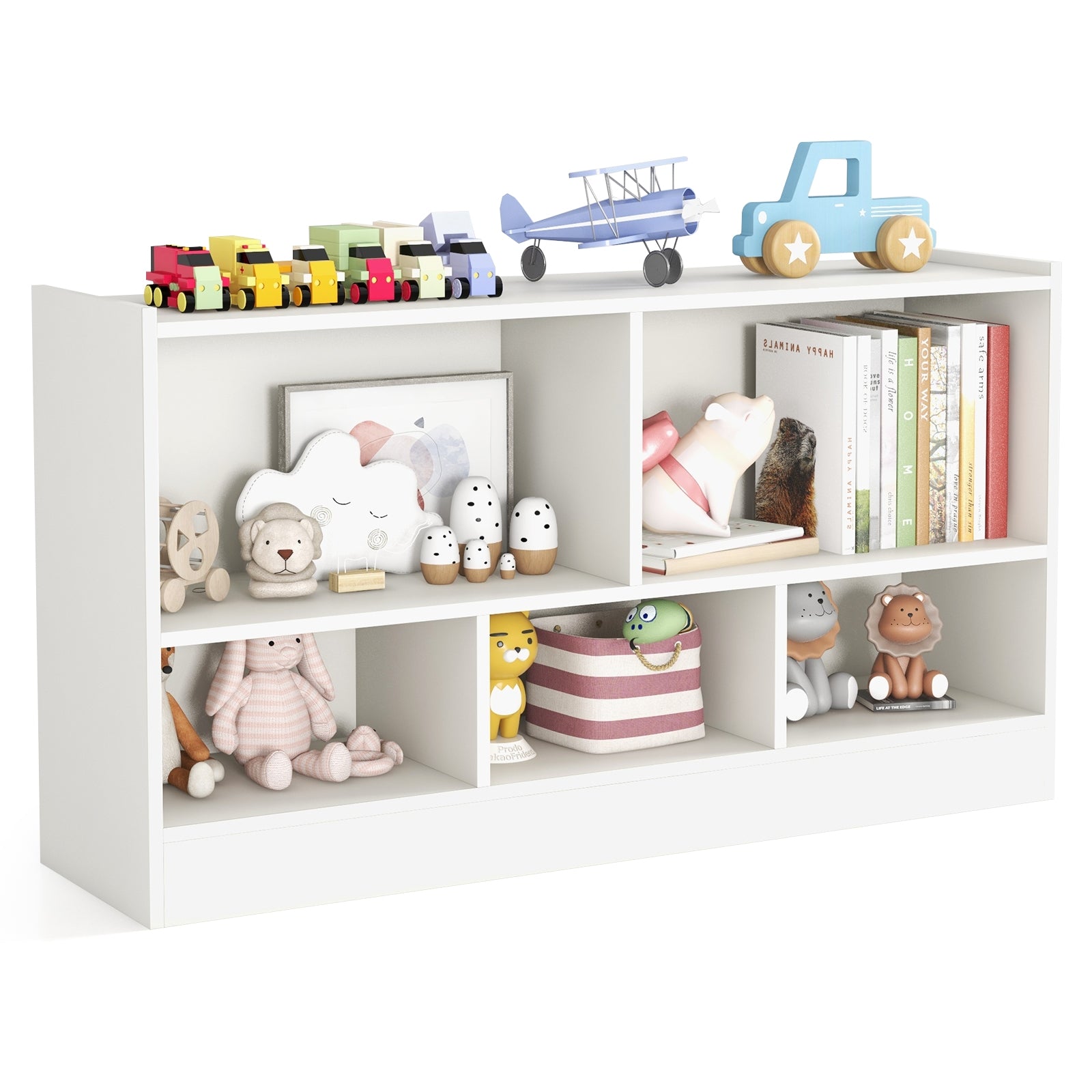 Kids 2-Shelf Bookcase 5-Cube Wood Toy Storage Cabinet Organizer-White