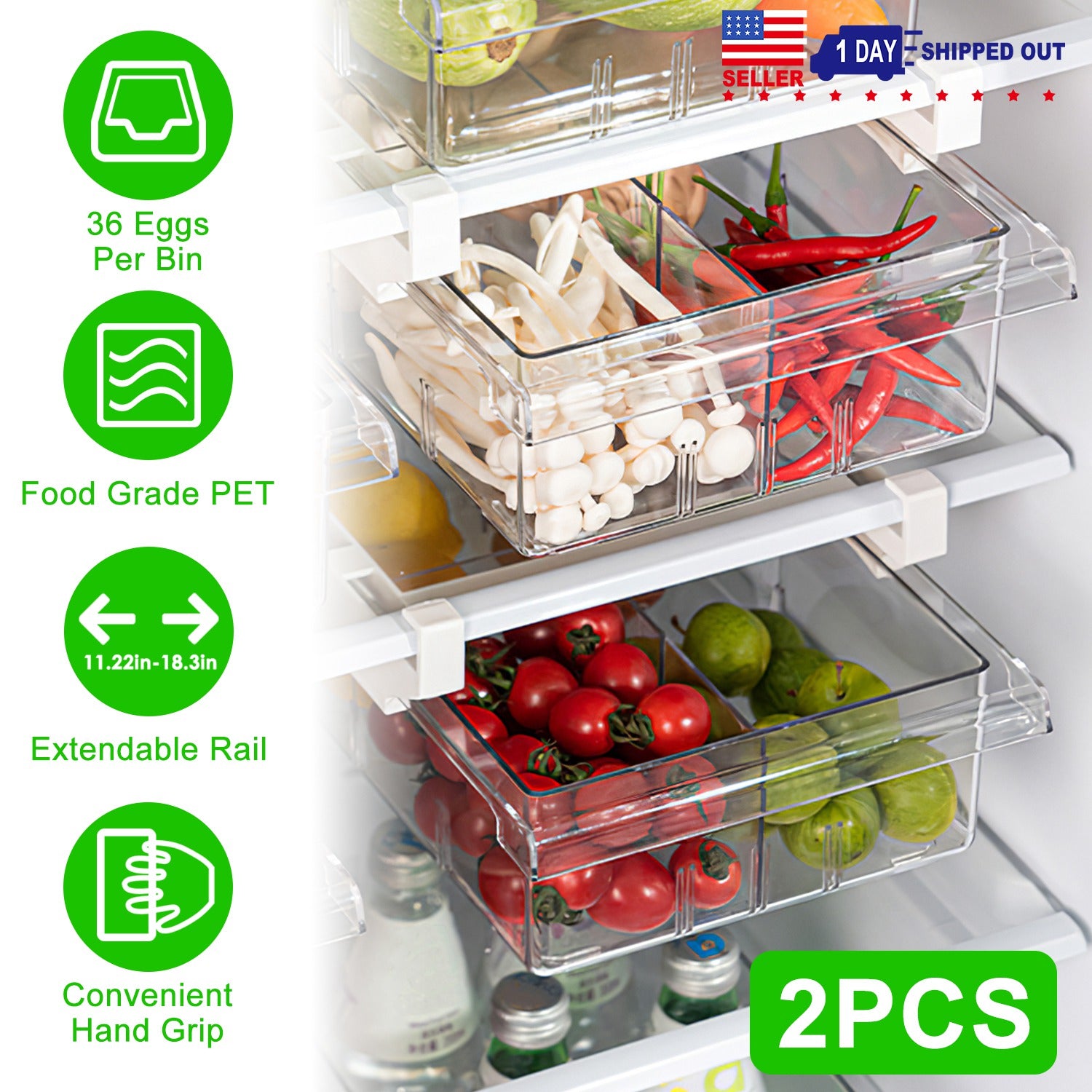 2Pcs Refrigerator Egg Drawer 36 Egg Capacity Snap On Hanging Storage Tray Space Saving Pull Out Egg Container Organizer 