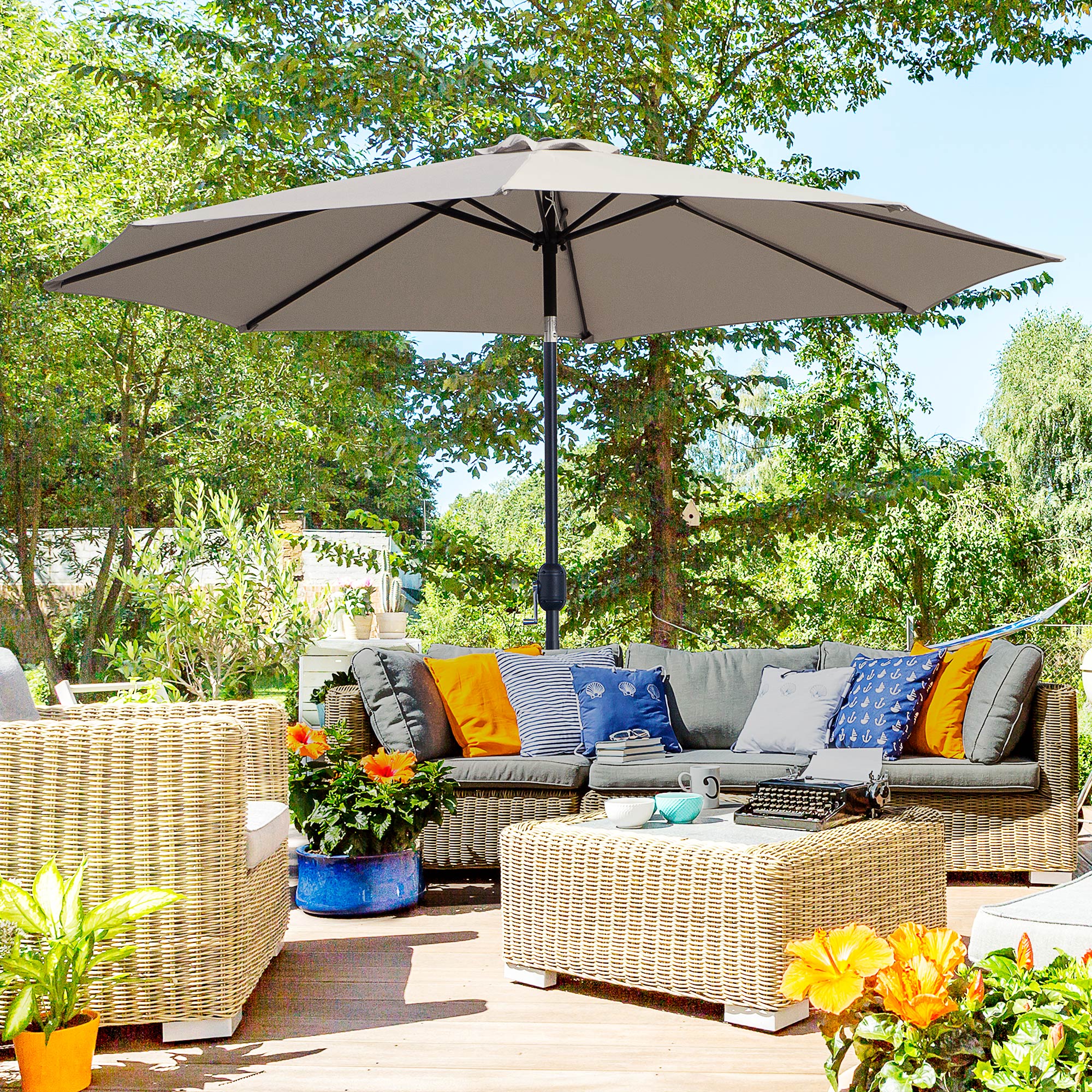 Outsunny 10'x 8' Steel Frame Round Market Patio Sun Umbrella Garden Parasol Outdoor Sunshade Canopy (Light Grey) 