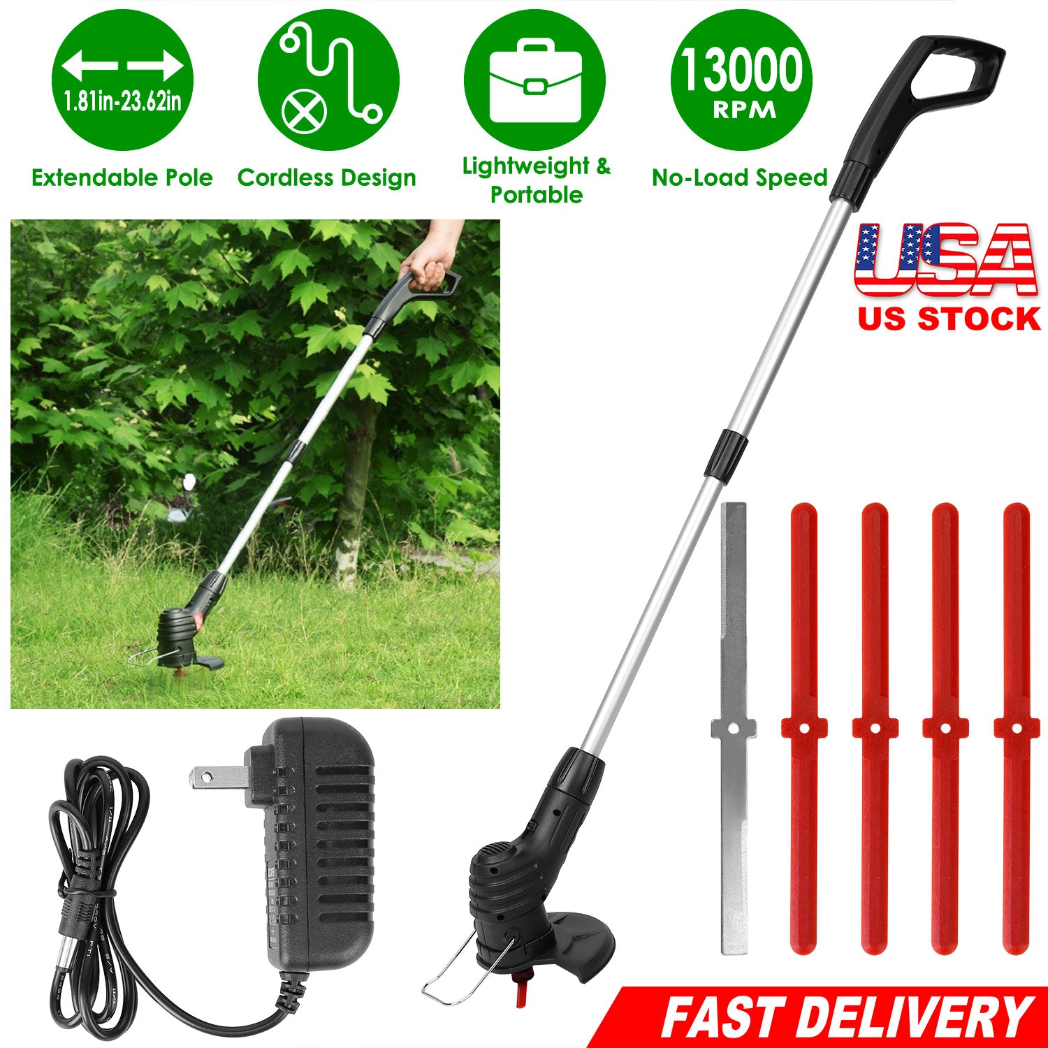 Electric Cordless Grass Trimmer Rechargeable Grass String Trimmer Garden Weed Cutter Lawn Mower 2A Battery with 5 Blades