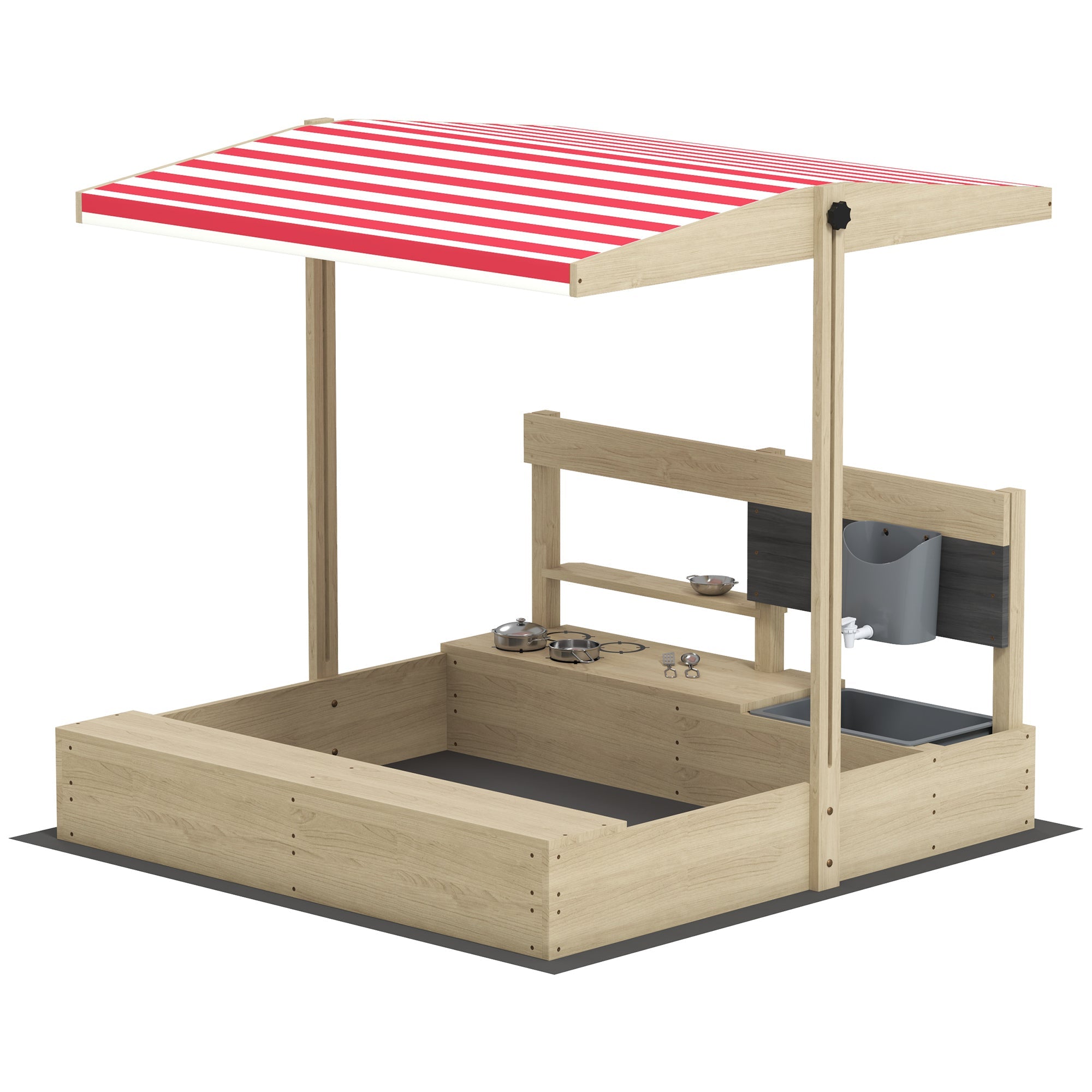Outsunny Kids Sandbox with Cover Kitchen Playset Toys, Wooden Sand Box with Seat, Storage, for 3-7 Years Old, Natural Wood 
