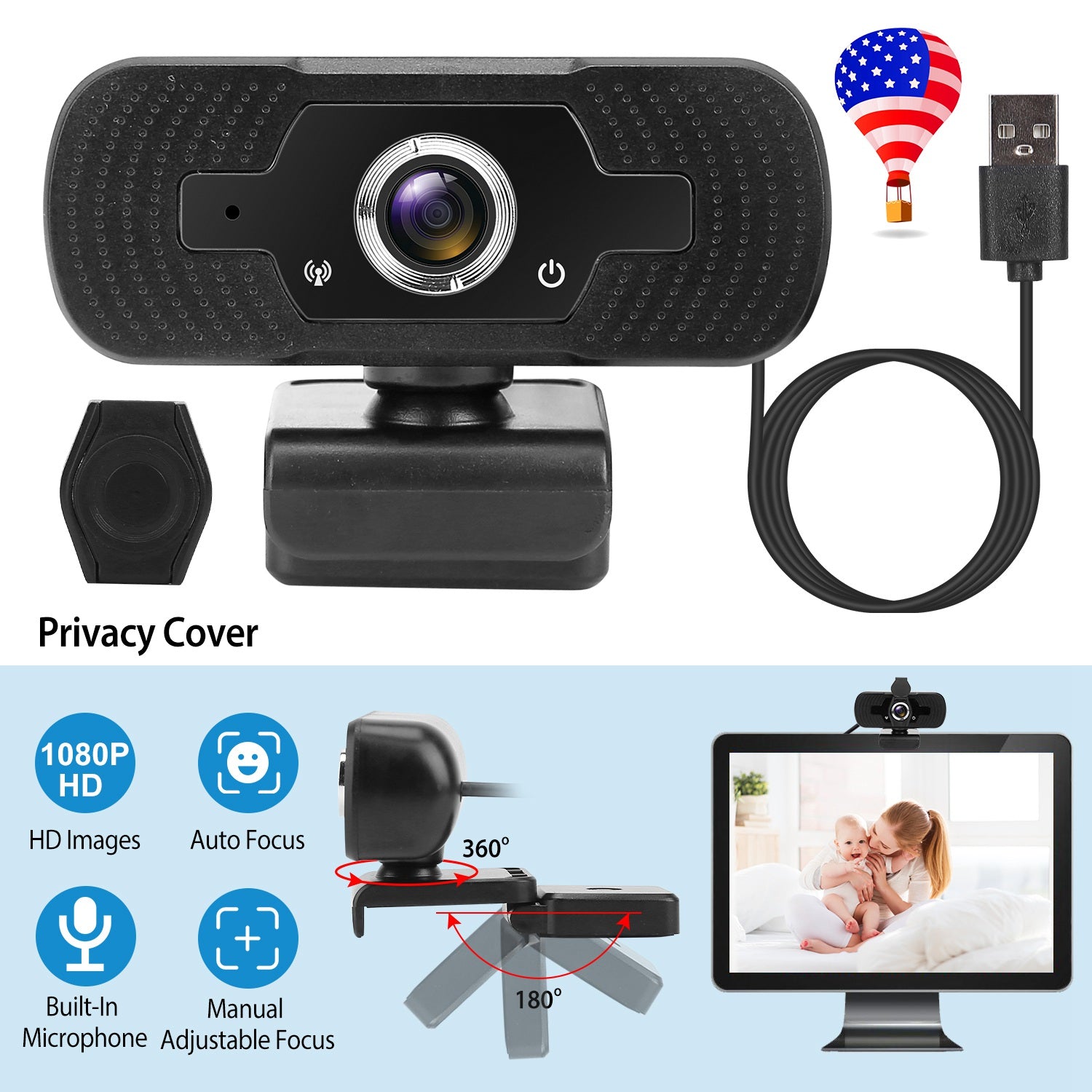 FHD 1080P USB Webcam w/ Microphone Privacy Cover Rotatable Clip Streaming USB Camera Plug And Play For PC Video Conferencing Gaming Facetime Broadcast