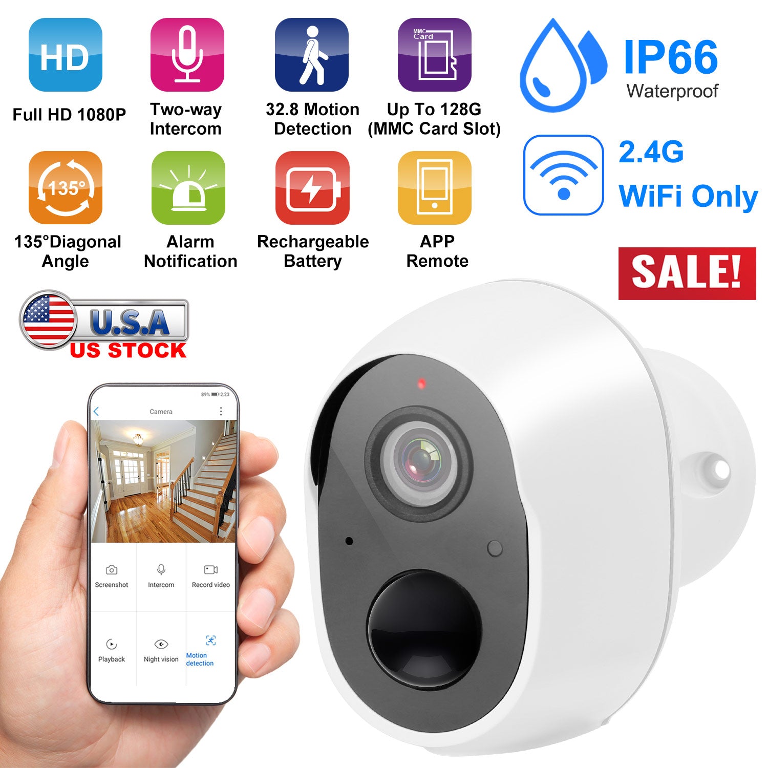 1080P WiFi IP Camera PIR Motion Detection IR Night Vision Camcorder IP66 Waterproof Security Surveillance Camera App Cloud Available for Indoor Outdoo