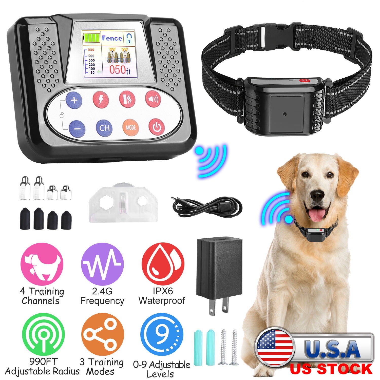 990FT Range Dog Wireless Fence Remote Training Collar IPX6 Waterproof Receiver with 0-9 Levels Beep Vibration Shock Mode 4 Channels Rechargeable Trans