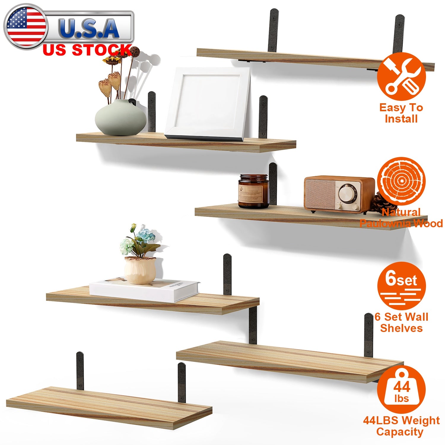 6 Sets Floating Shelves 15.74x5.74Inch Wall Mounted Shelves Wood Storage Shelves Metal Bracket Hanging Display Shelf Wall Organizer for Living Room Ba 