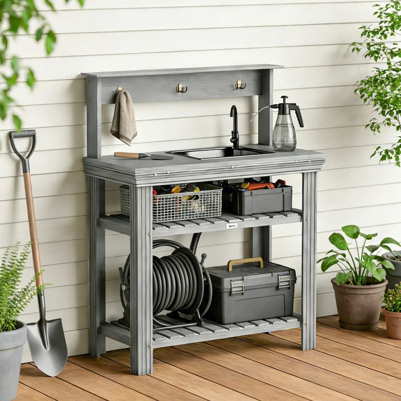 Outdoor Potting Bench Table with Faucet, Removable Sink, Hooks and Storage Shelves, Wood Work Bench Workstation, Grey