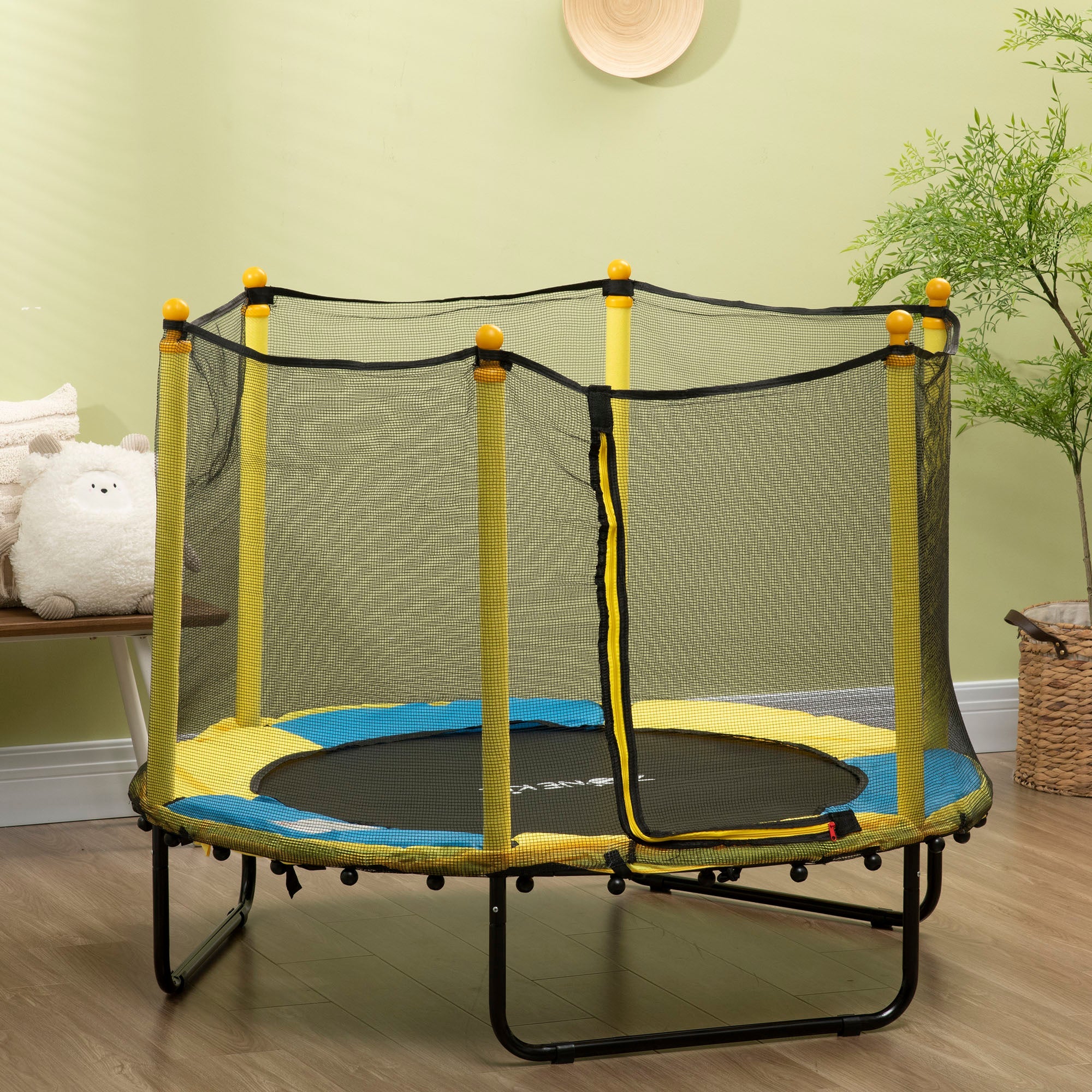 Qaba 4.6FT Trampoline for Kids with Enclosure Net for Ages 3-10, Indoor Outdoor Use, Yellow 