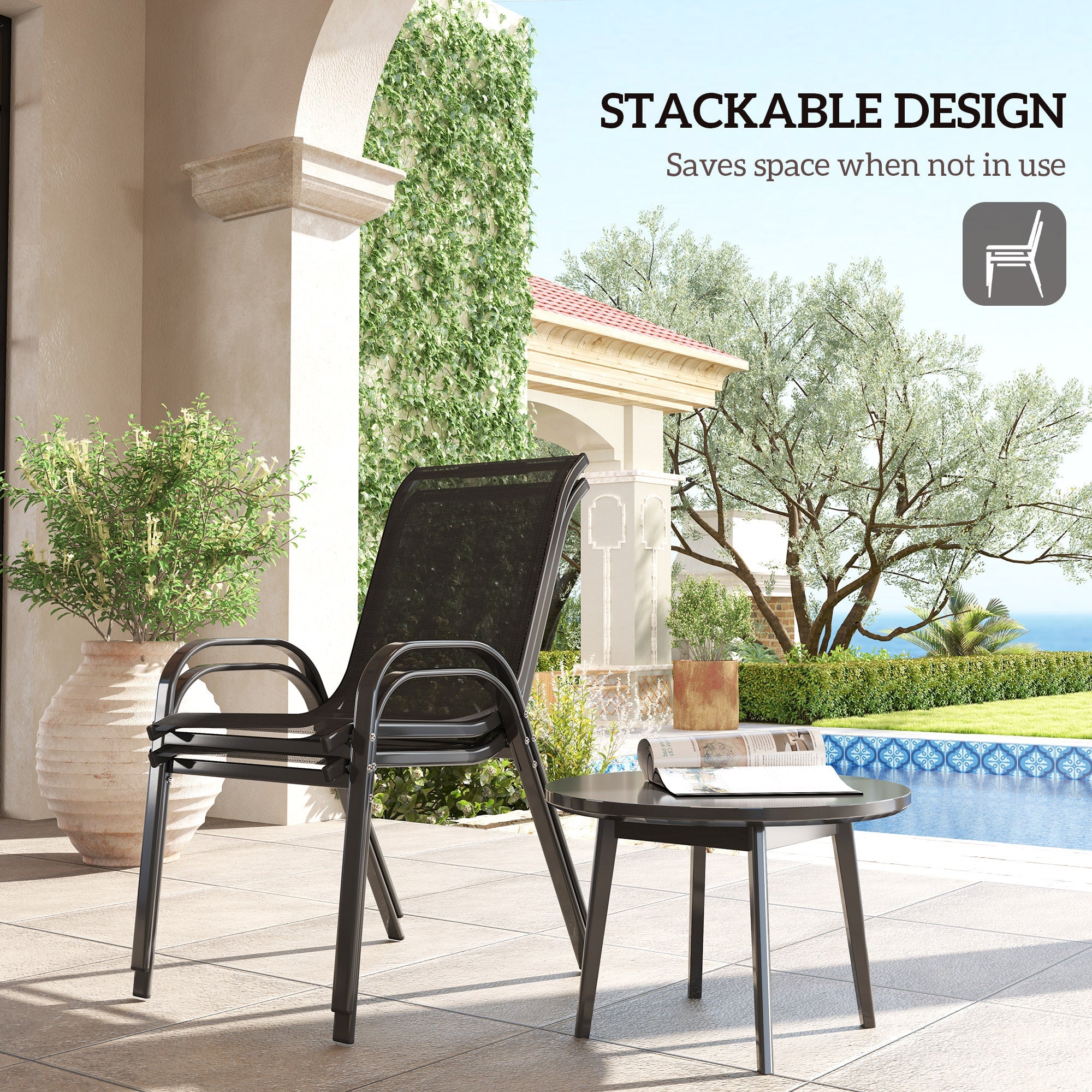 Outsunny Set of 2 Outdoor Dining Chairs, Stackable Lawn Chairs with High Back, Breathable Mesh Seat for Garden Porch, Black 