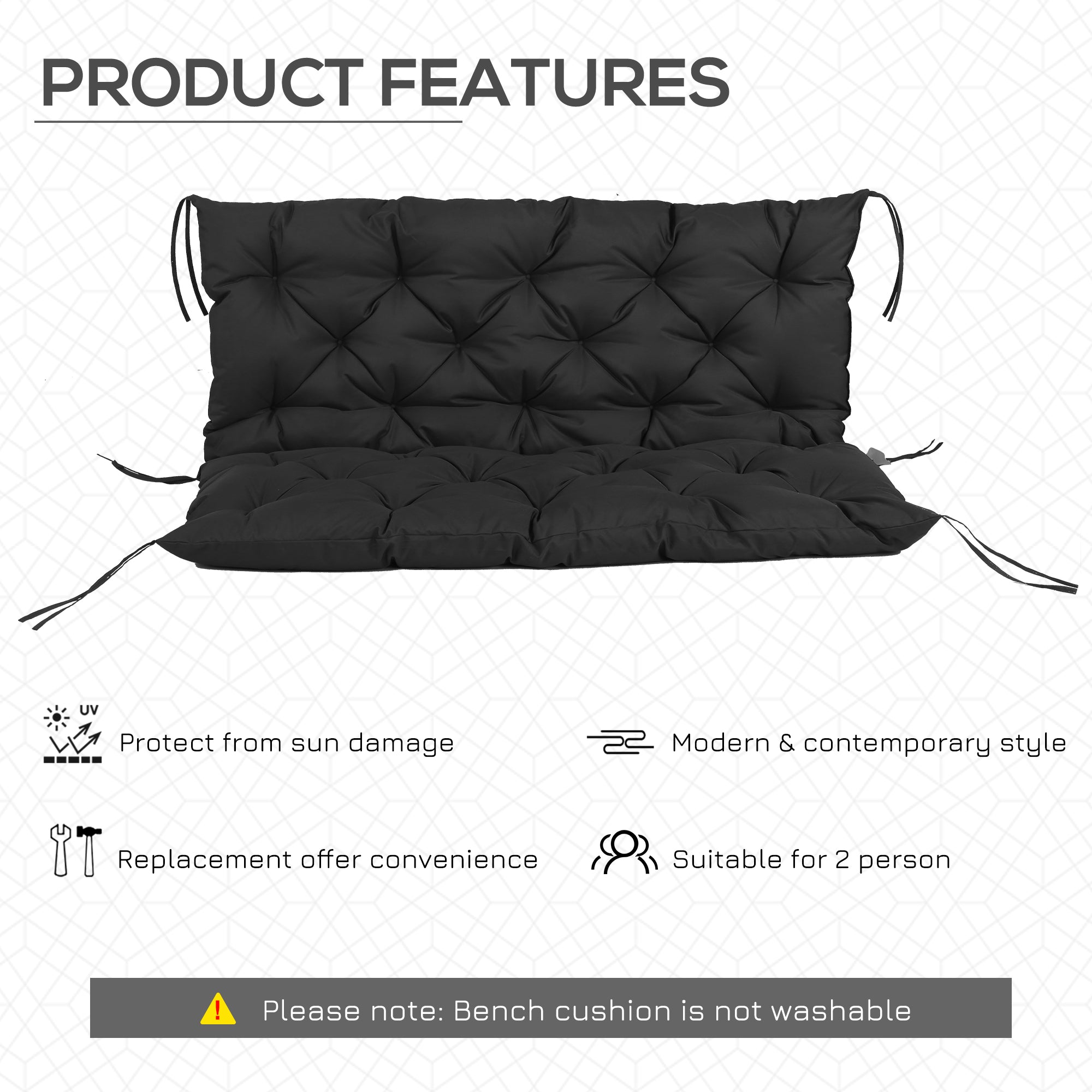 Outsunny Outdoor 2 Seater Bench Cushion 4.7 Inch Thick with Backrest Non Slip Patio Soft Pad Black 