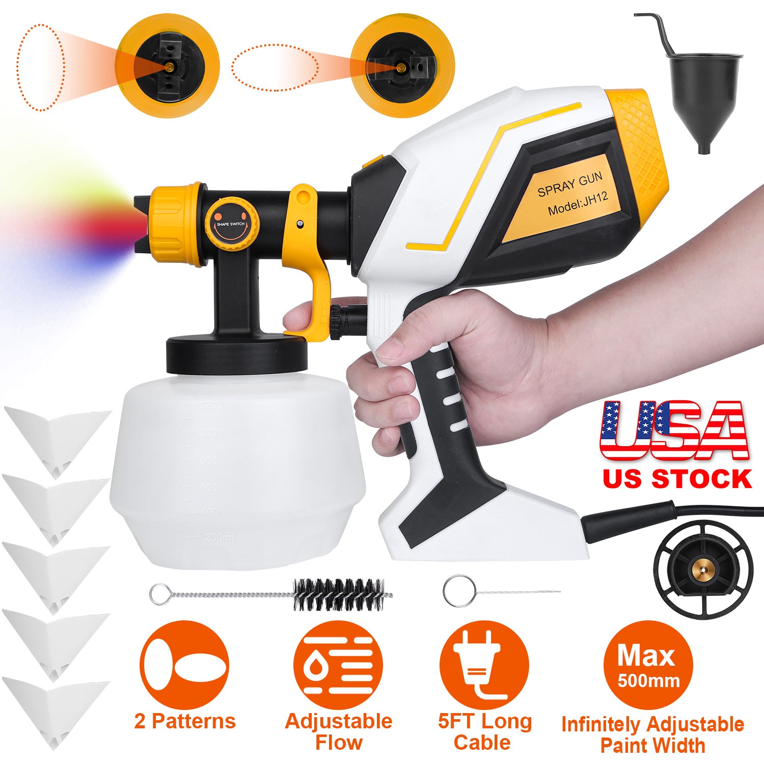 Electric Paint Sprayer HVLP Spray Painting Gun Handheld Painter with Different Spray Patterns 1200ML Detachable Container Flow/Length/Width Adjustable 