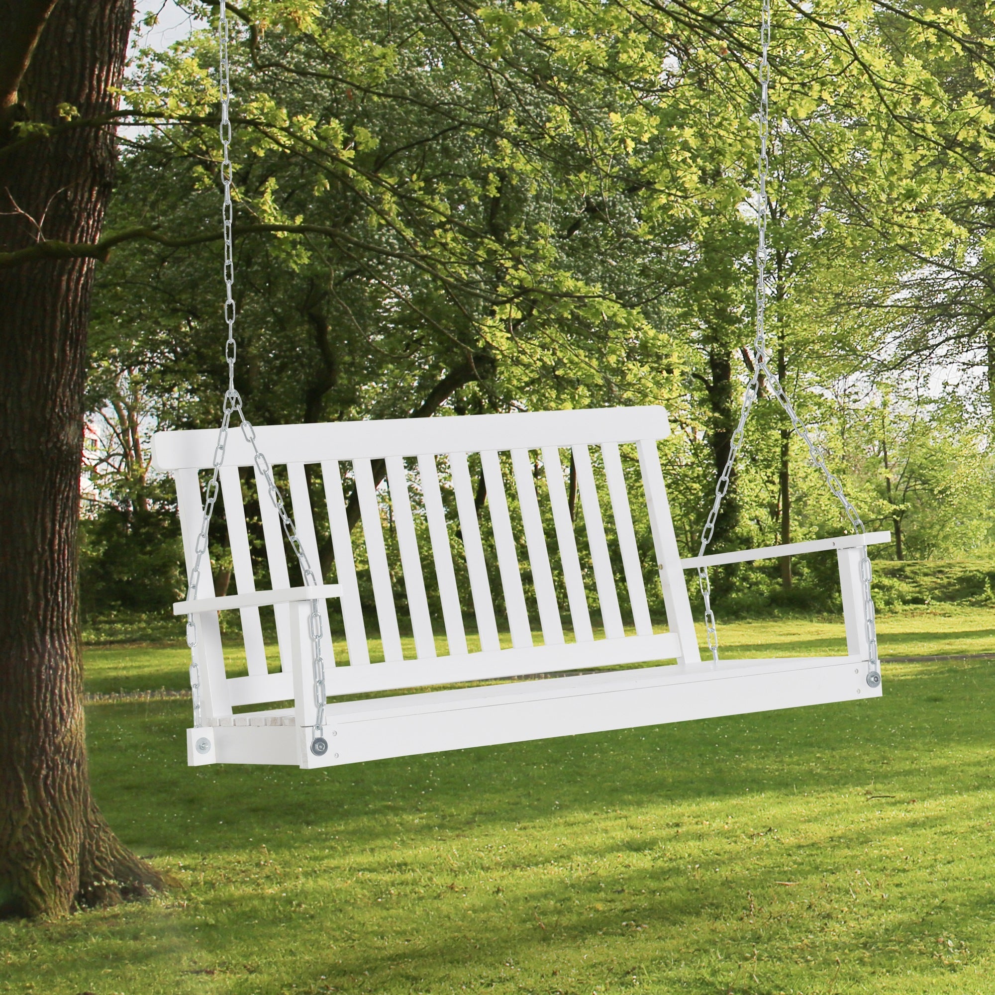 Outsunny Fir Wooden Porch Swing Chair 2-Seater Patio Swing with Slatted Design and Hanging Chains in White 
