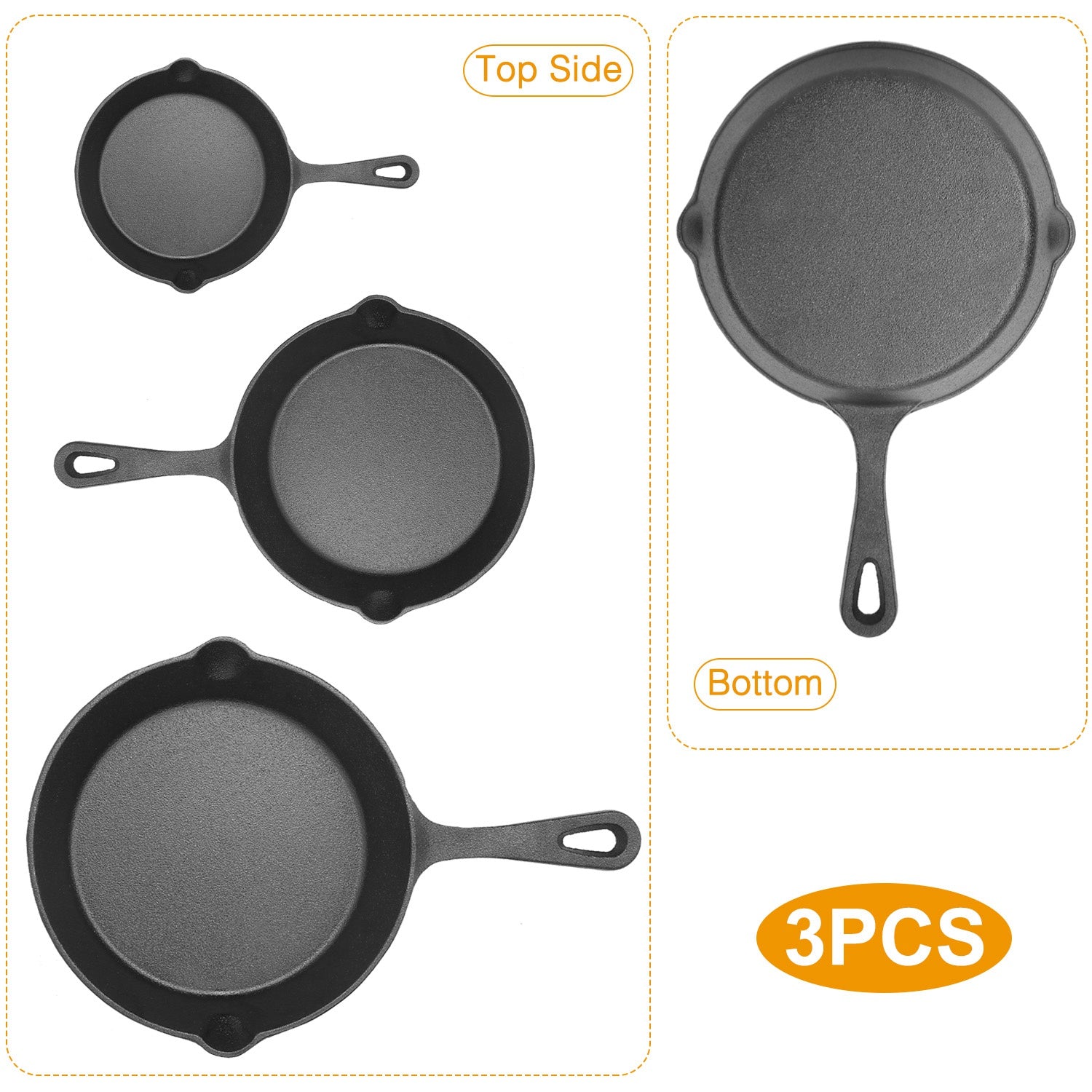 3Pcs Pre-Seasoned Cast Iron Skillet Set 6/8/10in Non-Stick Oven Safe Cookware Heat-Resistant Frying Pan 