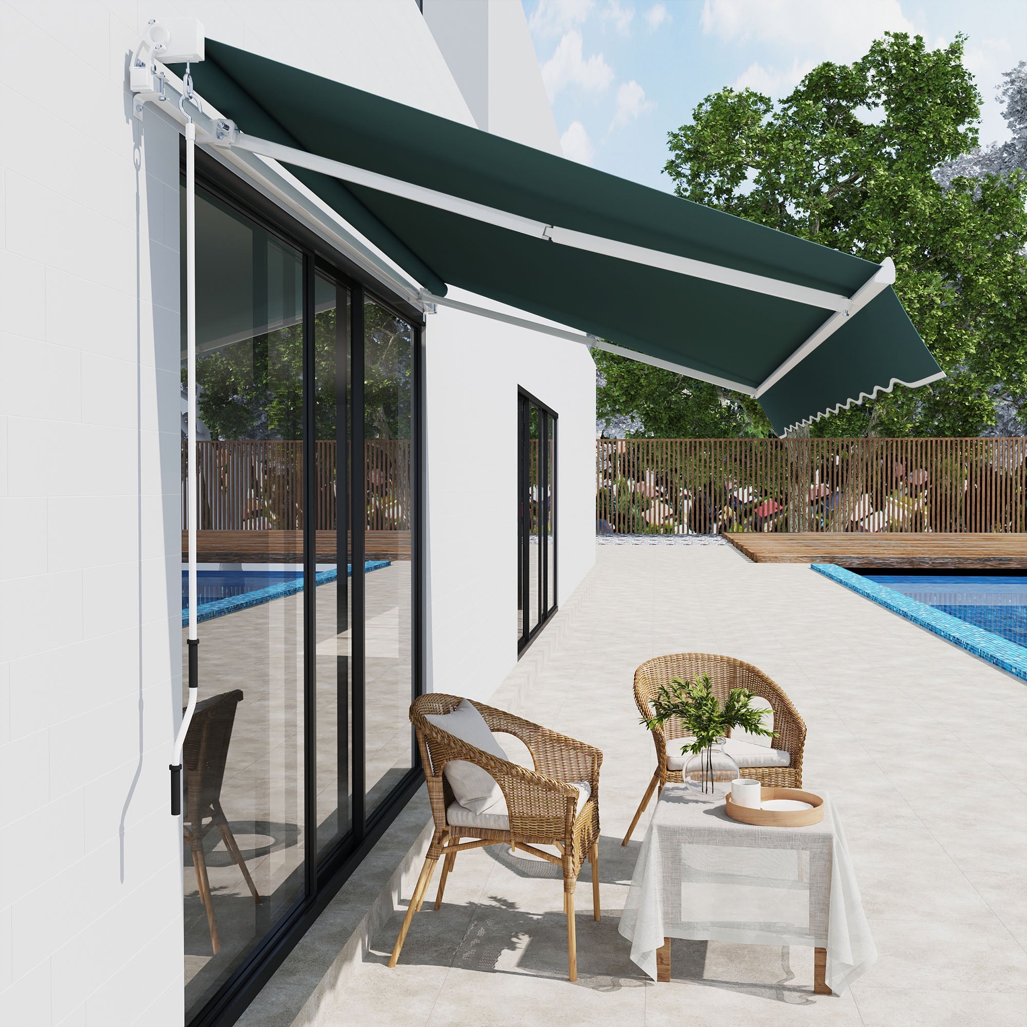 Outsunny Retractable Patio Awning: 8'x7' Manual Water-Resistant Sun Shade Canopy for Outdoor Shelter, Dark Green 