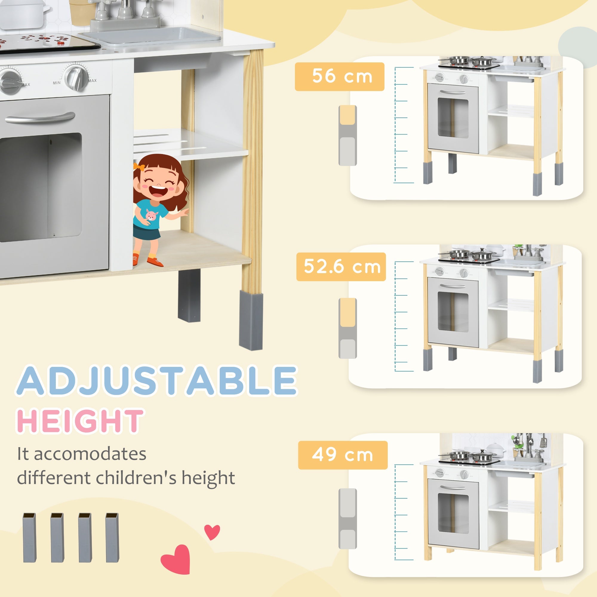 Qaba Interactive Wooden Kitchen Set for Kids - Realistic Lights, Sounds, Adjustable Height, Complete with Microwave and Hood 