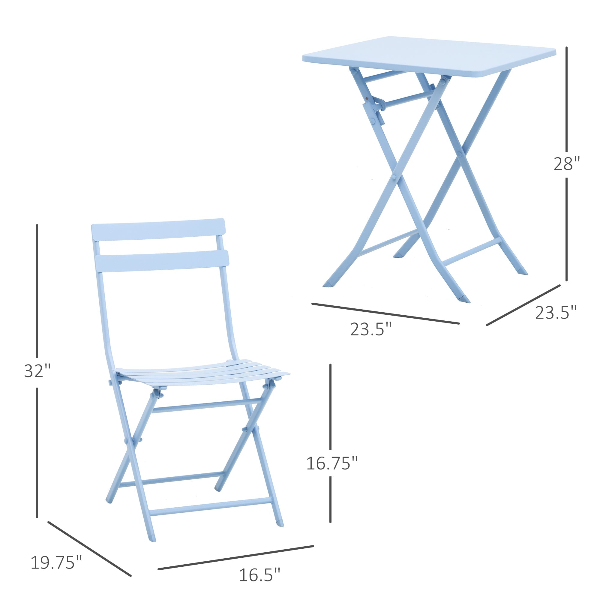 Outsunny 3 Pieces Garden Bistro Coffee Set Foldable Patio Chair & Square Table for Outdoor Yard Porch Poolside Balcony Blue 