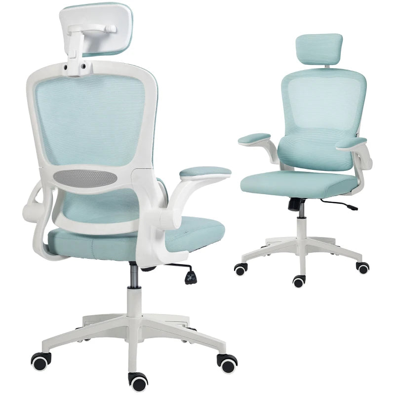 Ergonomic Mesh Office Chair, High Back Desk Chair with Rotatable Headrest, Flip-Up Armrests, Lumbar Support, Light Green