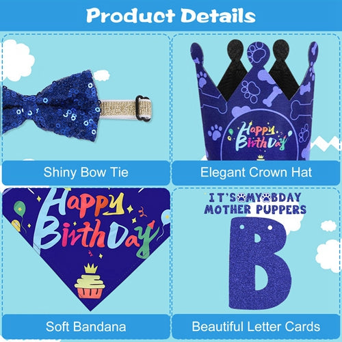 Dog Birthday Bandana Hat Set Dog Birthday Party Supplies Cute Dog Birthday Banner Decoration with Hat Bandana Bowtie 