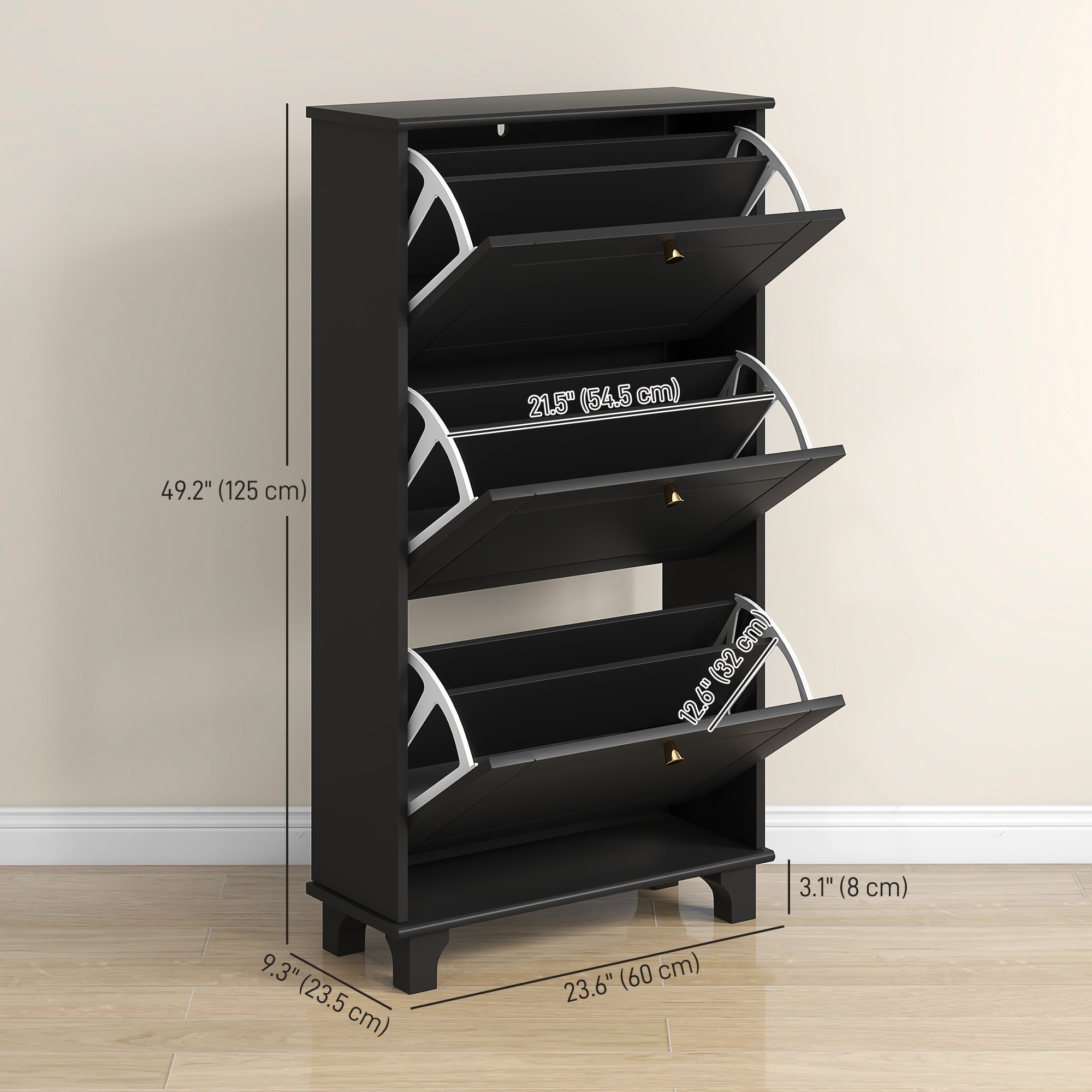 HOMCOM Narrow Shoe Storage 3 Flip Drawers Adjustable Shelves Shoe Organizer 12 Pairs Black Space Saving 