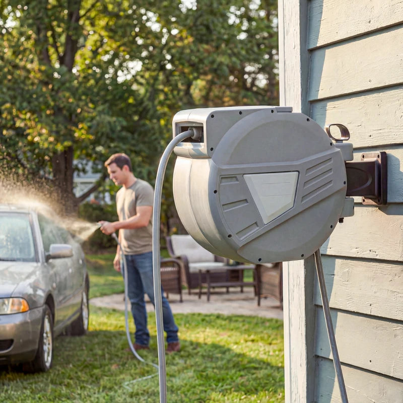 Retractable Garden Hose Reel, 1/2" x 98ft Wall Mounted Hose Reel with Auto Retraction, Self-Locking, Grey