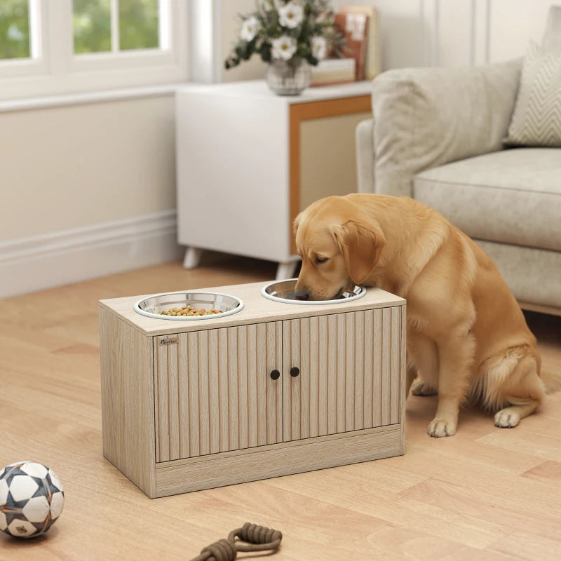 Raised Dog Bowls with Storage, Slow Feeder,  2 Stainless Steel Food and Water Bowl Non-Slip, Oak