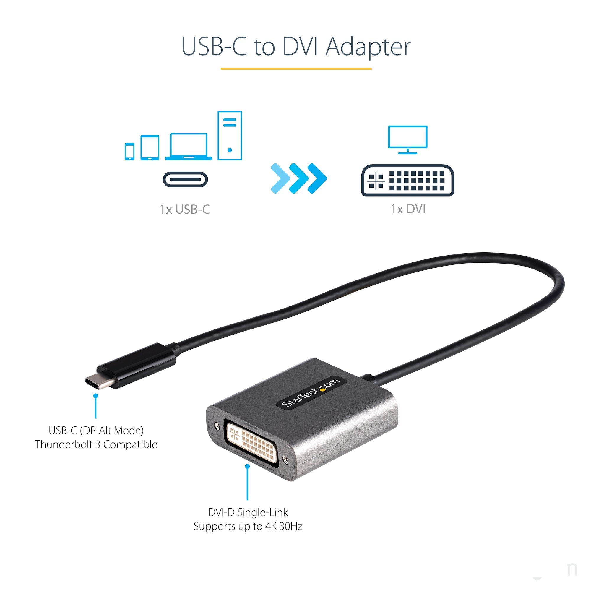 USB C to DVI Adapter - 1920x1200p USB-C to DVI-D Adapter Dongle - USB Type C to DVI Display/Monitor - Video Converter - Thunderbolt 3 Compatible - 12" Long Attached Cable - Upgraded Version of CDP2DVI 