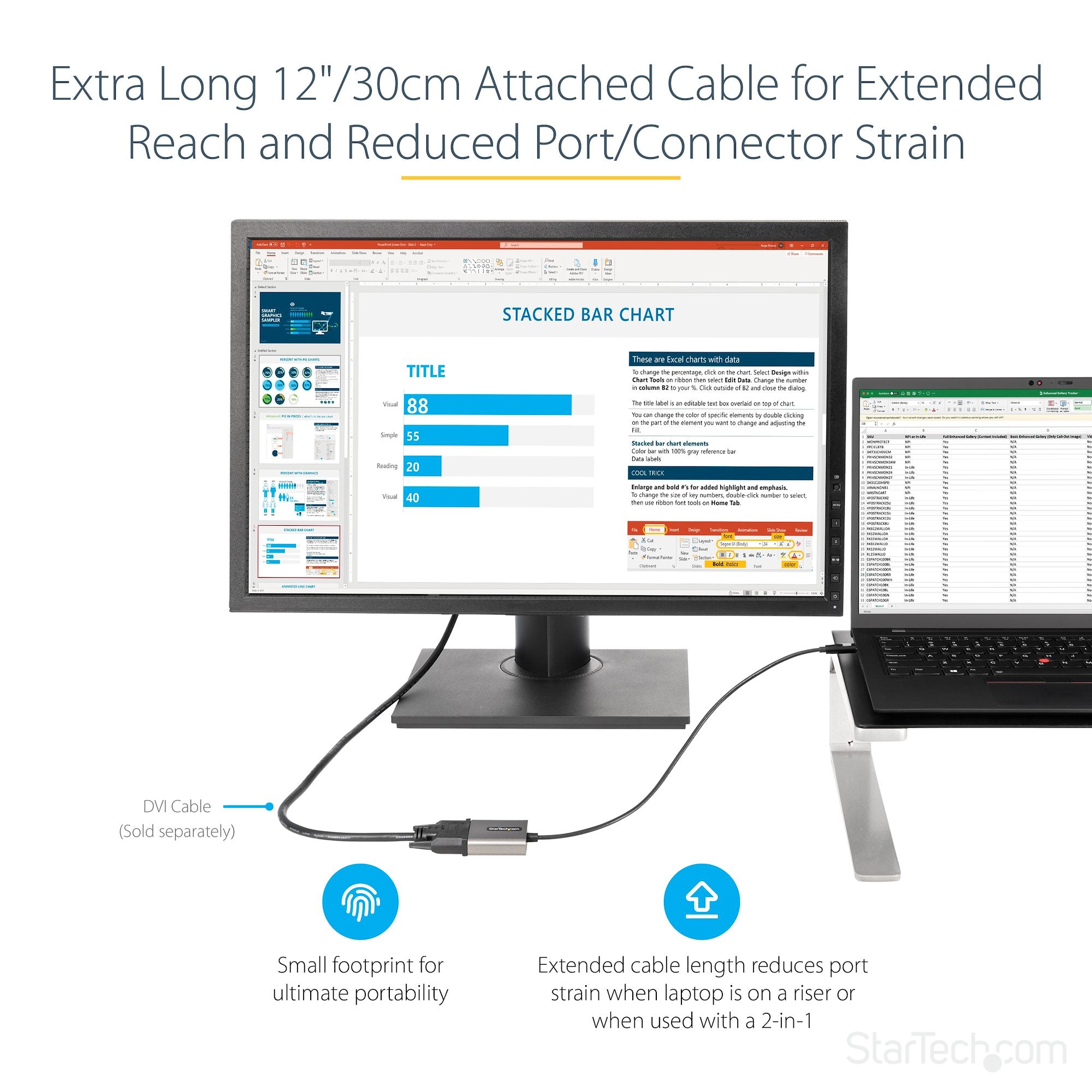 USB C to DVI Adapter - 1920x1200p USB-C to DVI-D Adapter Dongle - USB Type C to DVI Display/Monitor - Video Converter - Thunderbolt 3 Compatible - 12" Long Attached Cable - Upgraded Version of CDP2DVI 