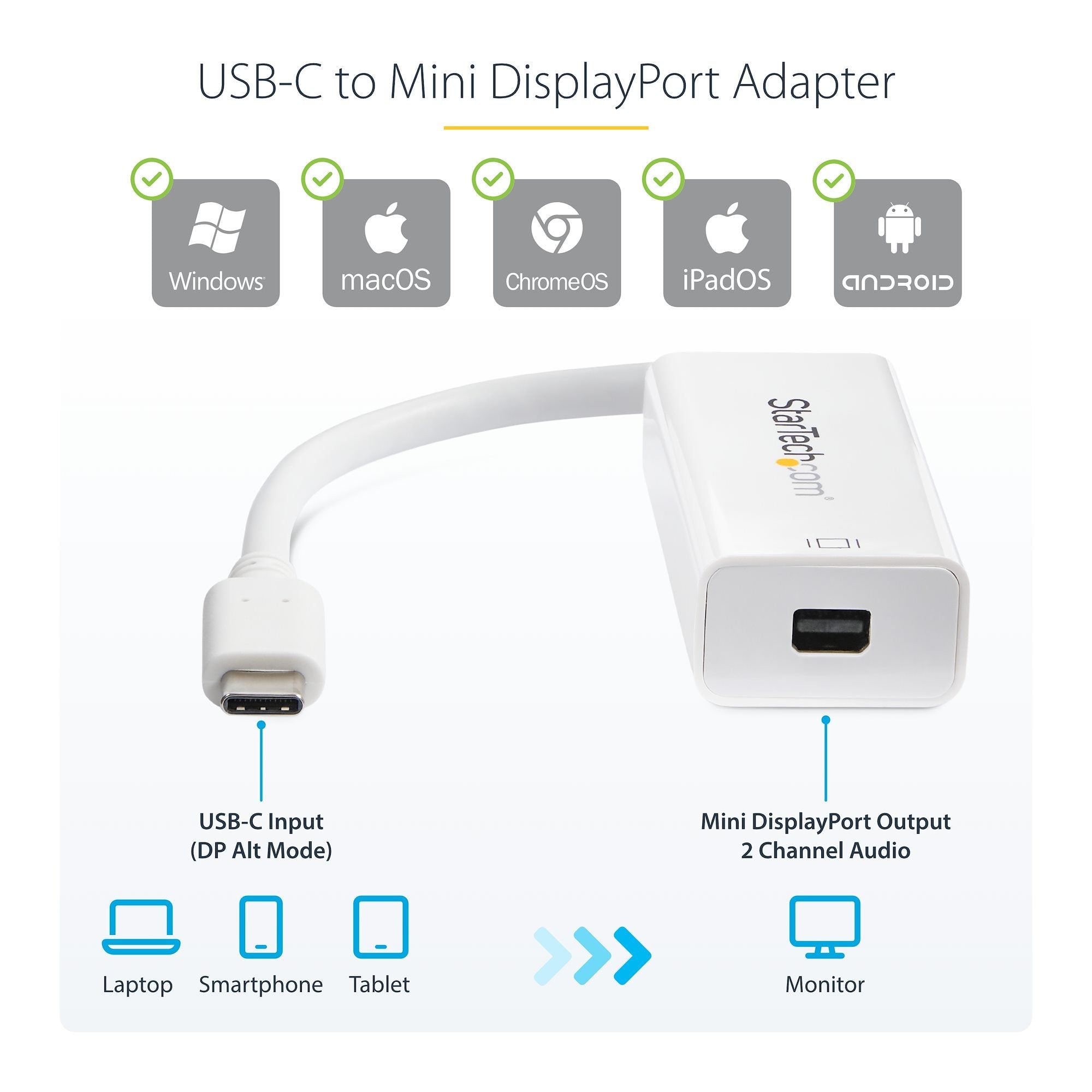 USB-C to Mini DisplayPort Adapter - 4K 60Hz - White - USB 3.1 Type-C to Mini DP Adapter - Upgraded Version is CDP2MDPEC 