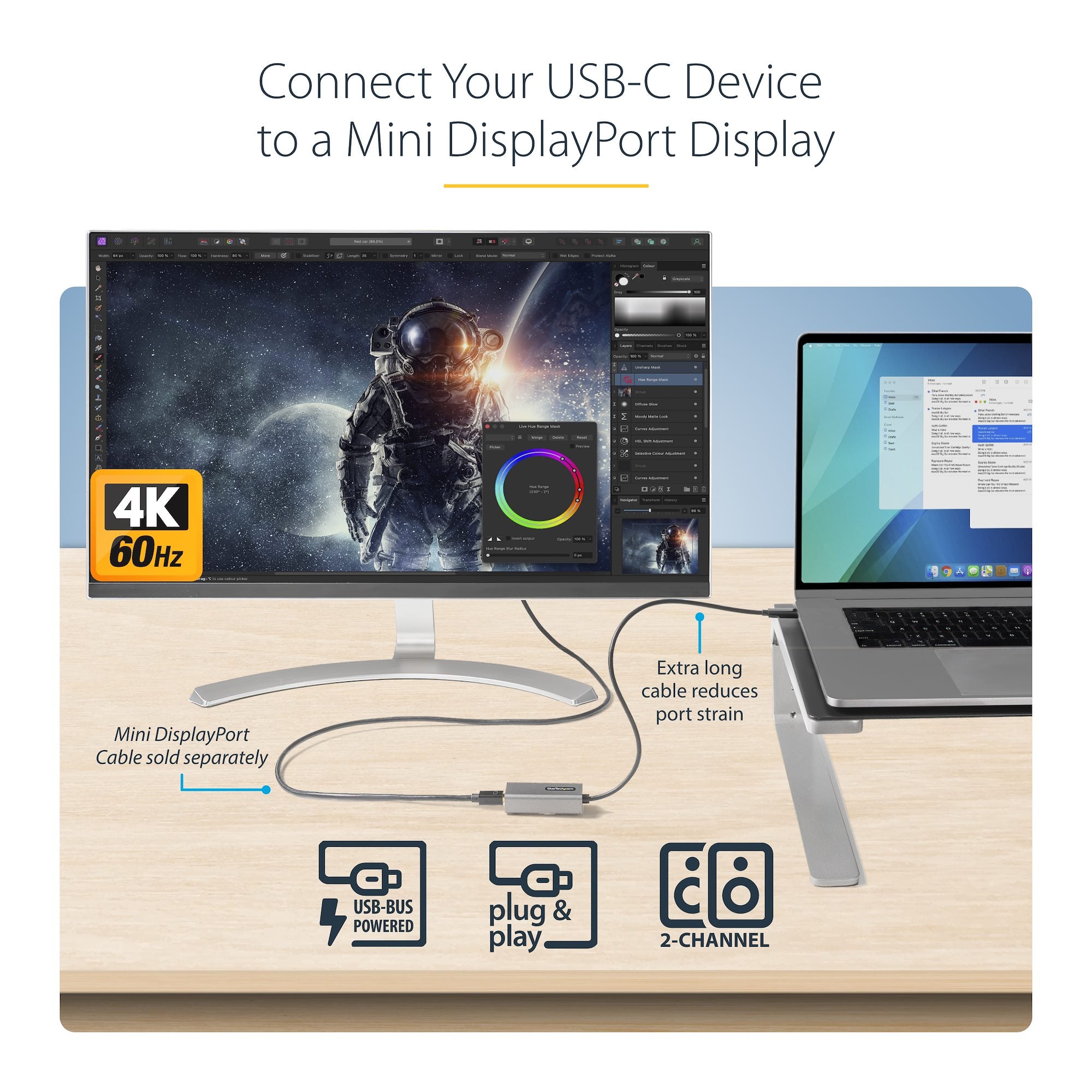 USB C to Mini DisplayPort Adapter - 4K 60Hz USB-C to mDP Adapter Dongle - USB Type-C to Mini DP Monitor - Video Converter - Works w/Thunderbolt 3-12" Long Attached Cable - Upgraded Version of CDP2MDP 