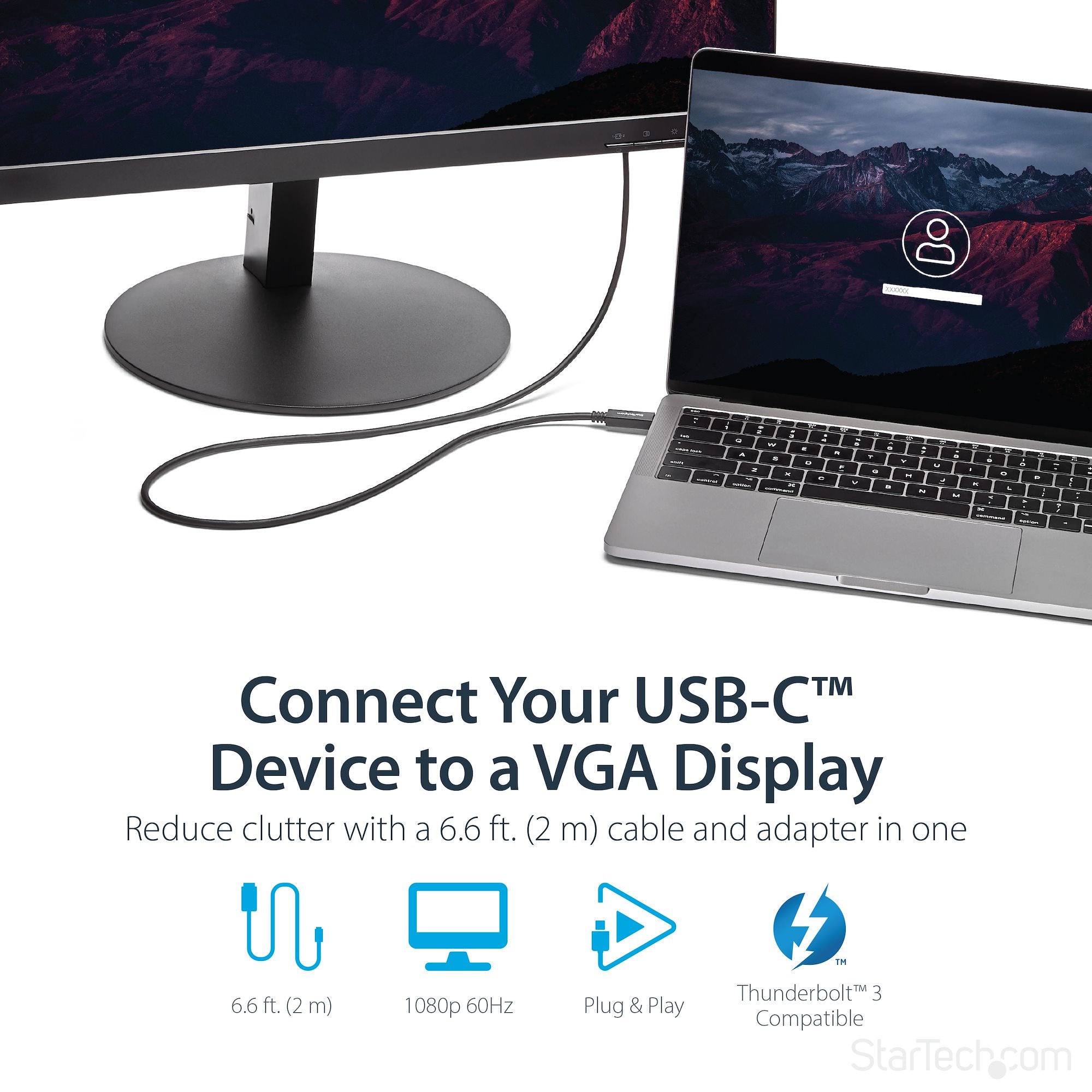 6.6ft (2m) USB C to VGA Cable - 1920x1200/1080p USB Type C to VGA Video Active Adapter Cable - Thunderbolt Compatible - Laptop to VGA Monitor/Projector - DP Alt Mode HBR2 