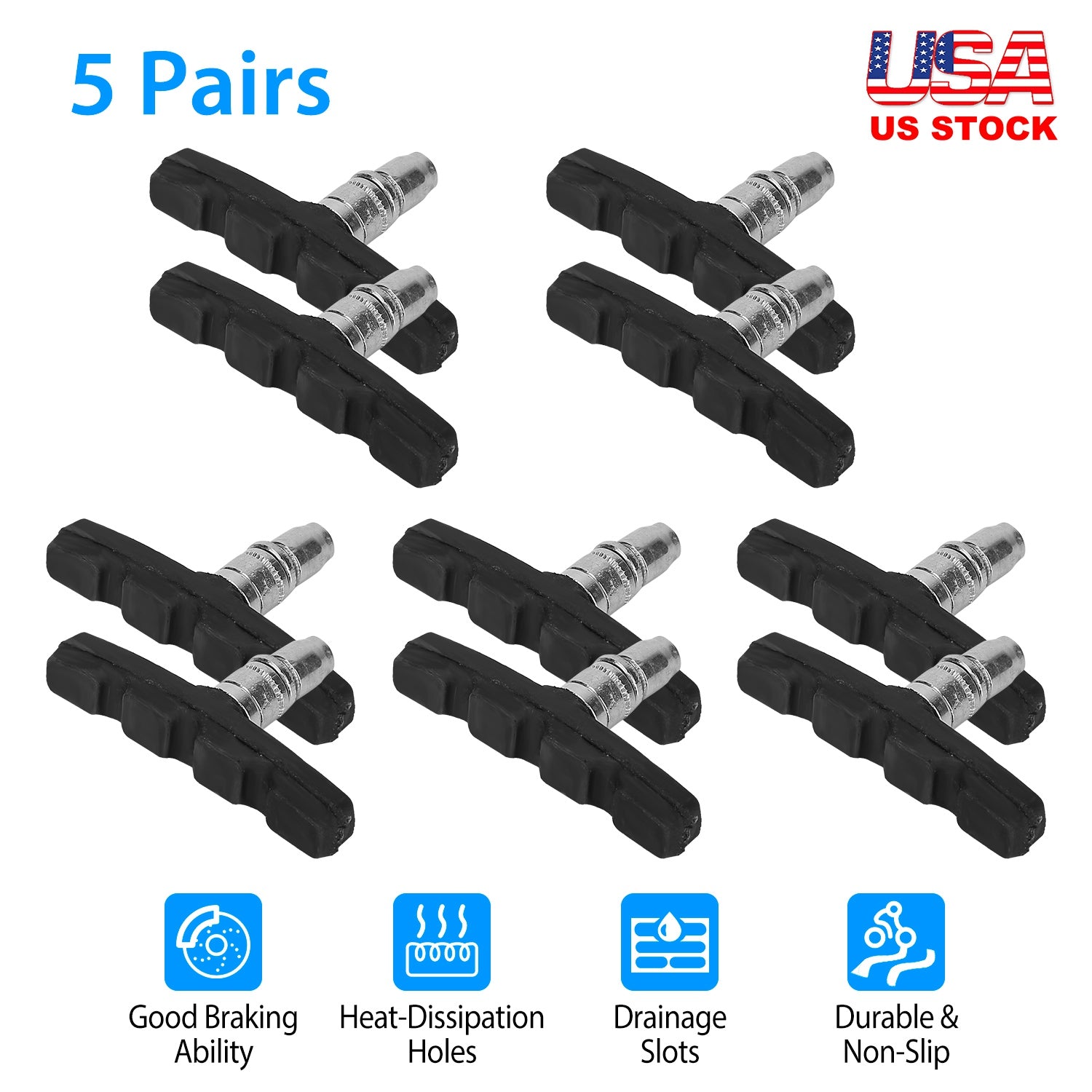 5 Pairs V Bike Brake Pads Road Mountain Bicycle V-Brake Blocks Set 70mm Non-Slip V Bicycle Stop Caliper W/ Hex Nuts and Spacers