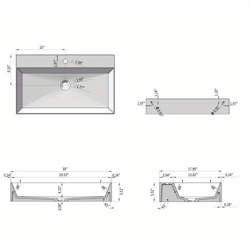 30" x 18" Solid Surface Wall Mount Rec Matte White Vel Sink with Faucet Hole 
