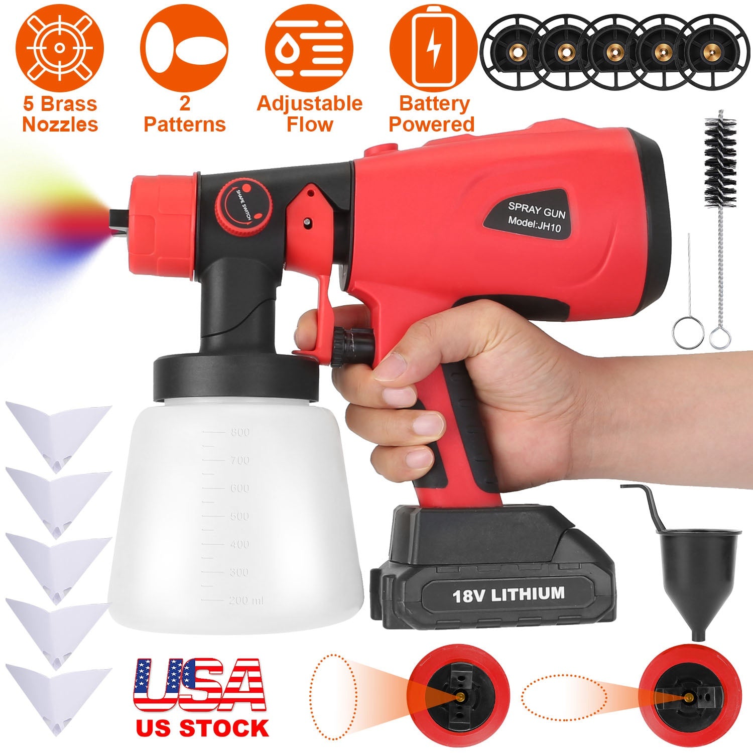 Portable Battery Powered Electric Paint Sprayer HVLP Spray Painting Gun Handheld Painter with 2 Spray Patterns 5 Nozzles 800ML Detachable Cup Flow Adj 