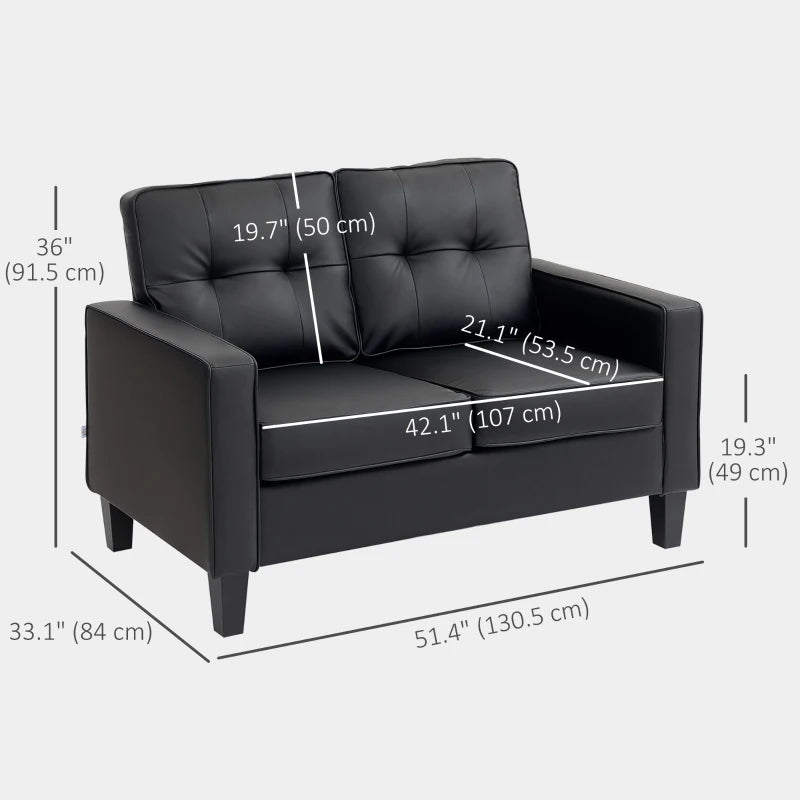 51" Double Sofa Couch, Upholstered PU Leather Loveseat with Armrests, Tufted Backrest, Cushion, Black