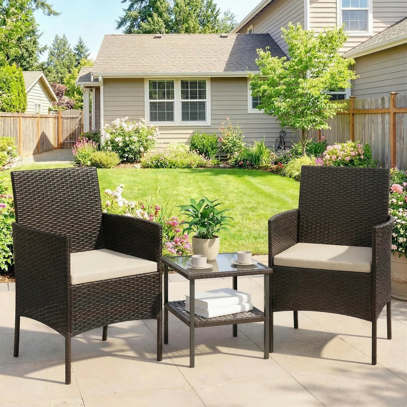 Wicker Bistro Set, 3 Piece Patio Furniture Set with 2-Tier Glass Top Table, Cushions for Balcony, Porch, Khaki