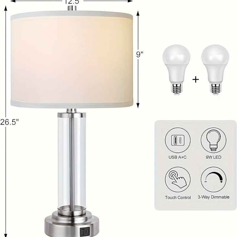 Set of 2 Modern Touch Control Table Lamps – 3-Way Dimmable with USB-C & USB-A Ports, Cream Fabric Shade – Perfect for Bedrooms, Living Rooms & Reading (Bulbs Included) 