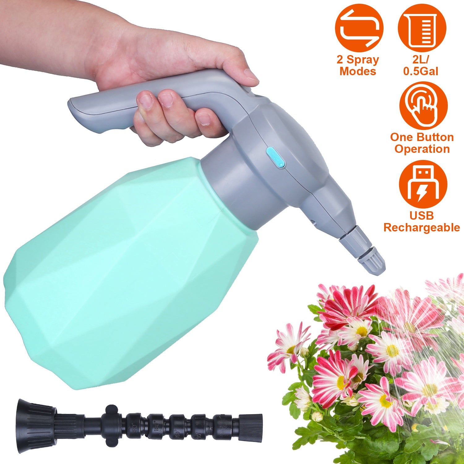 2L/0.5Gallon Electric Spray Bottle Rechargeable Handheld Automatic Plant Watering Sprayer Tank 360 Degrees Adjustable Spout 