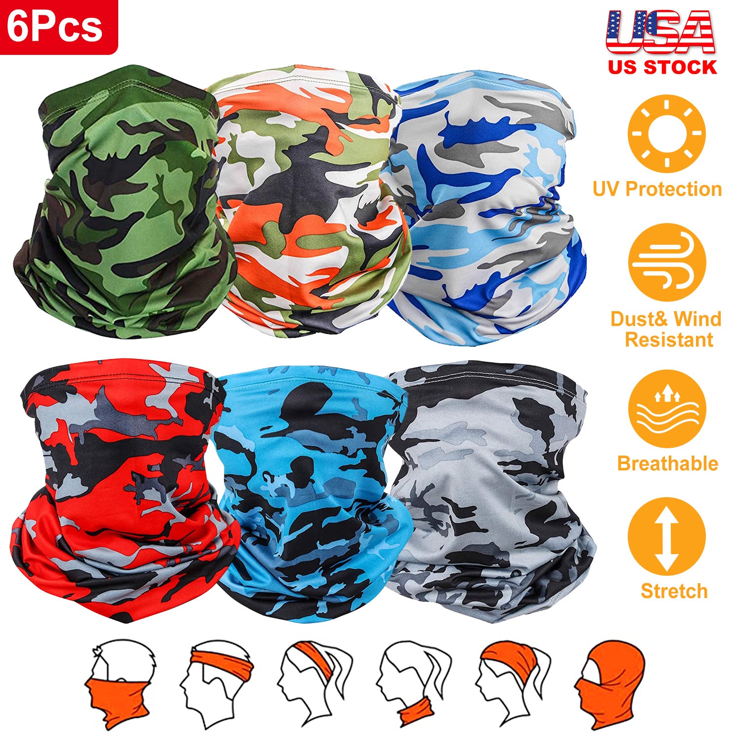 6Pcs Summer Neck Gaiter UV Sunscreen Protection Face Mask Scarf Breathable Cooling Shield Coverings For Cycling Hiking Fishing Running Motorcycle