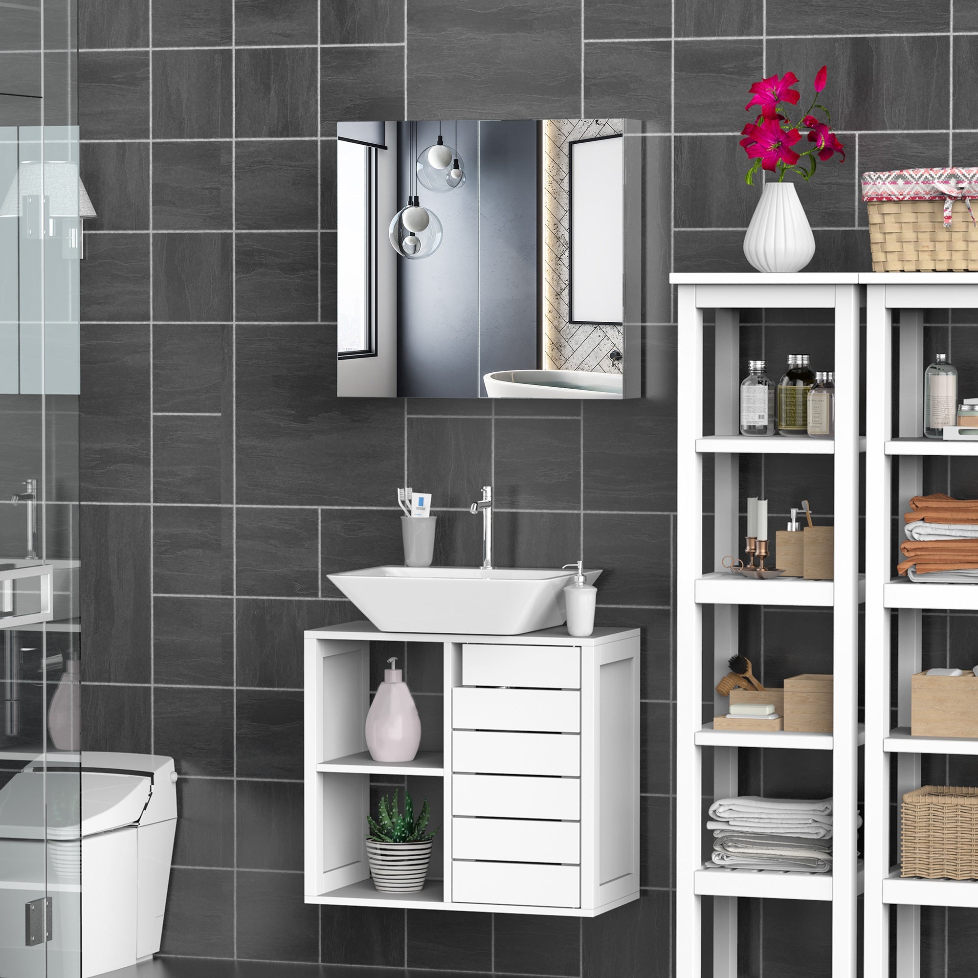 HOMCOM Wall Mounted Mirror Bathroom Medicine Cabinet 2 Doors 3-Tier Shelving Silver 