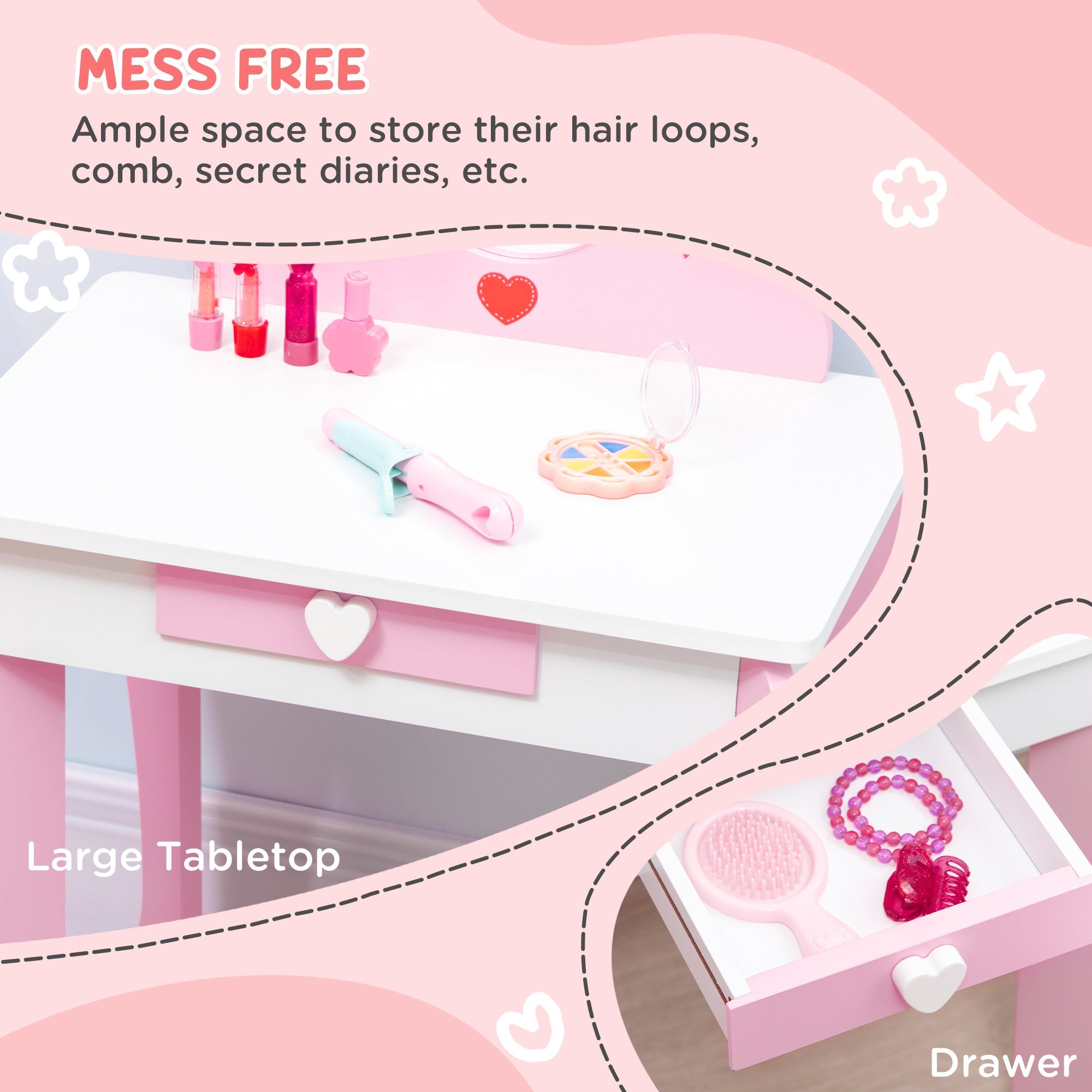Qaba Petite Pampering: Kids Vanity Table and Chair Set with Mirror Drawer, Cute Patterns for Girls 3-6 Years Old, Pink Delight 