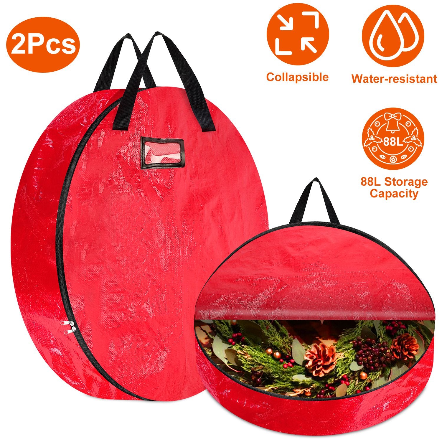 2Pcs ?30in Christmas Wreath Storage Bag 88L Water-resistant Foldable Wreath Container Bag w/ Handles Card Slot