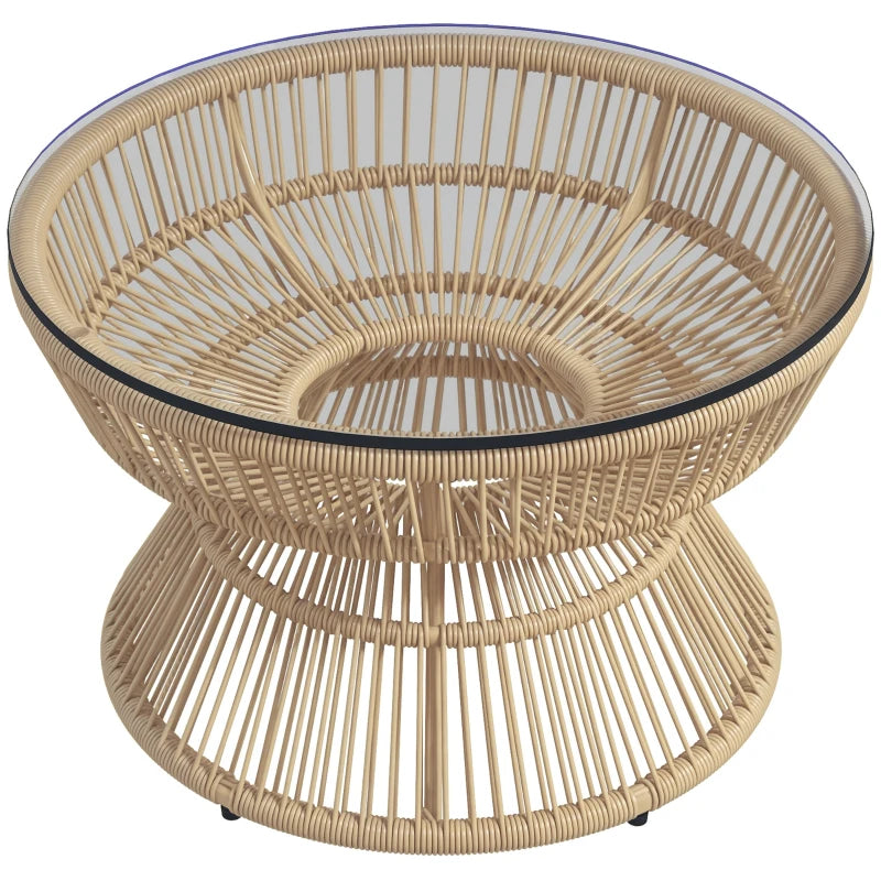 Rattan Outdoor Coffee Table, Patio End Table with Tempered Glass Tabletop & Steel Frame, Wicker Furniture, Nature Wood