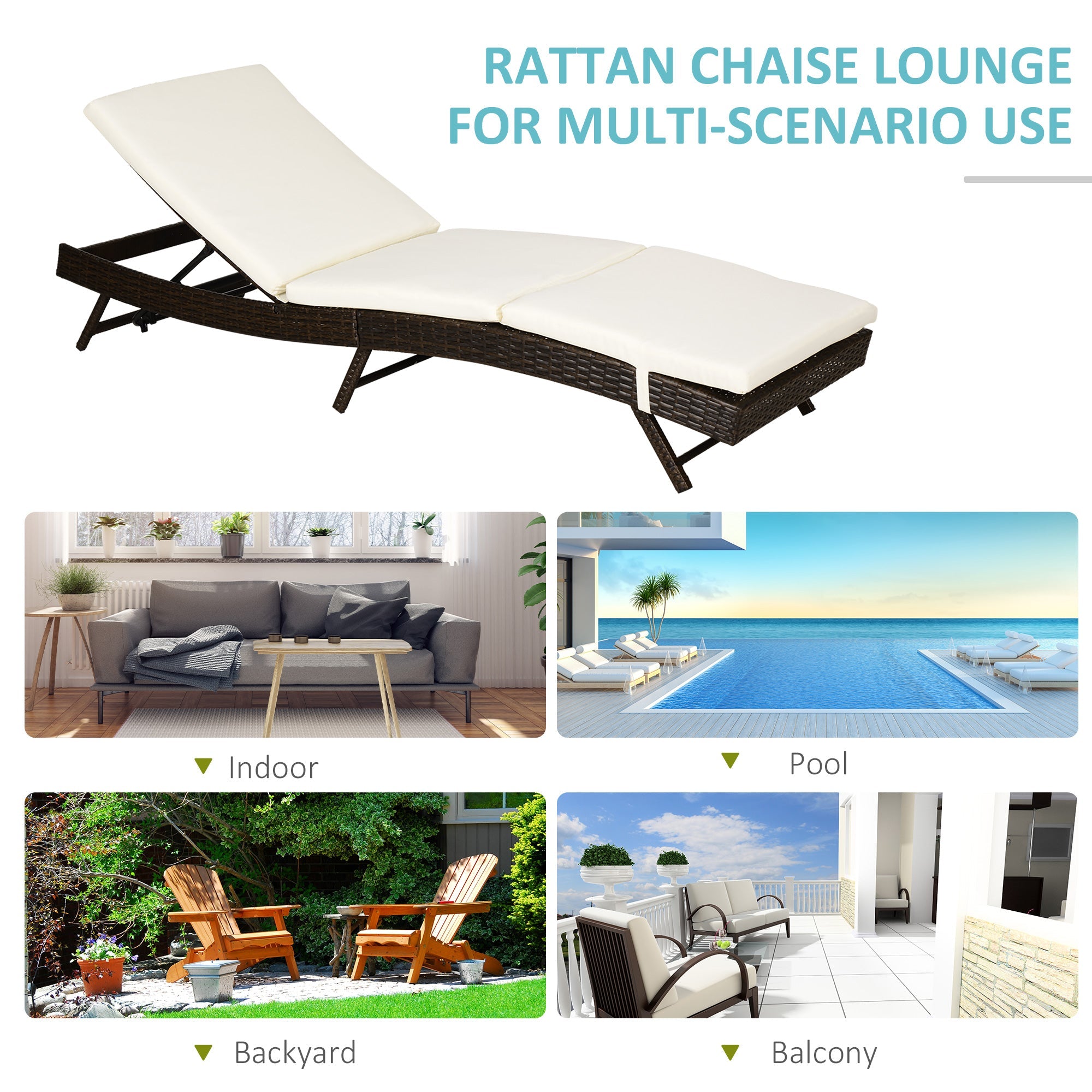 Outsunny Patio Lounger Chair Outdoor Rattan Wicker Chaise 5 Position Back Cream Cushion 