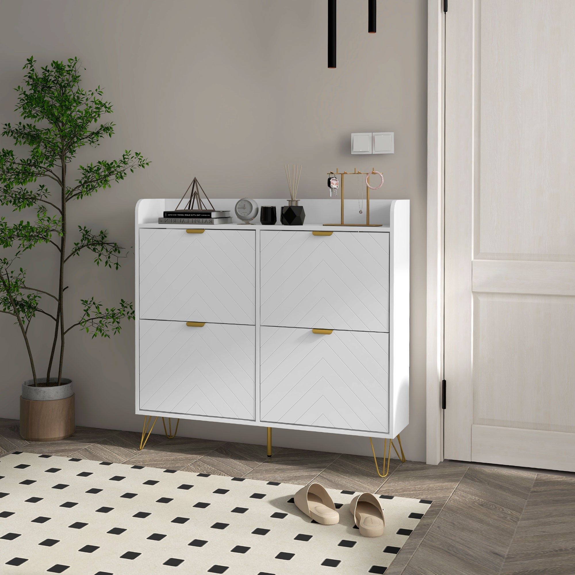 HOMCOM Shoe Storage Cabinet with 4 Flip Drawers Adjustable Shelf 16 Pairs of Shoes Cabinet White 