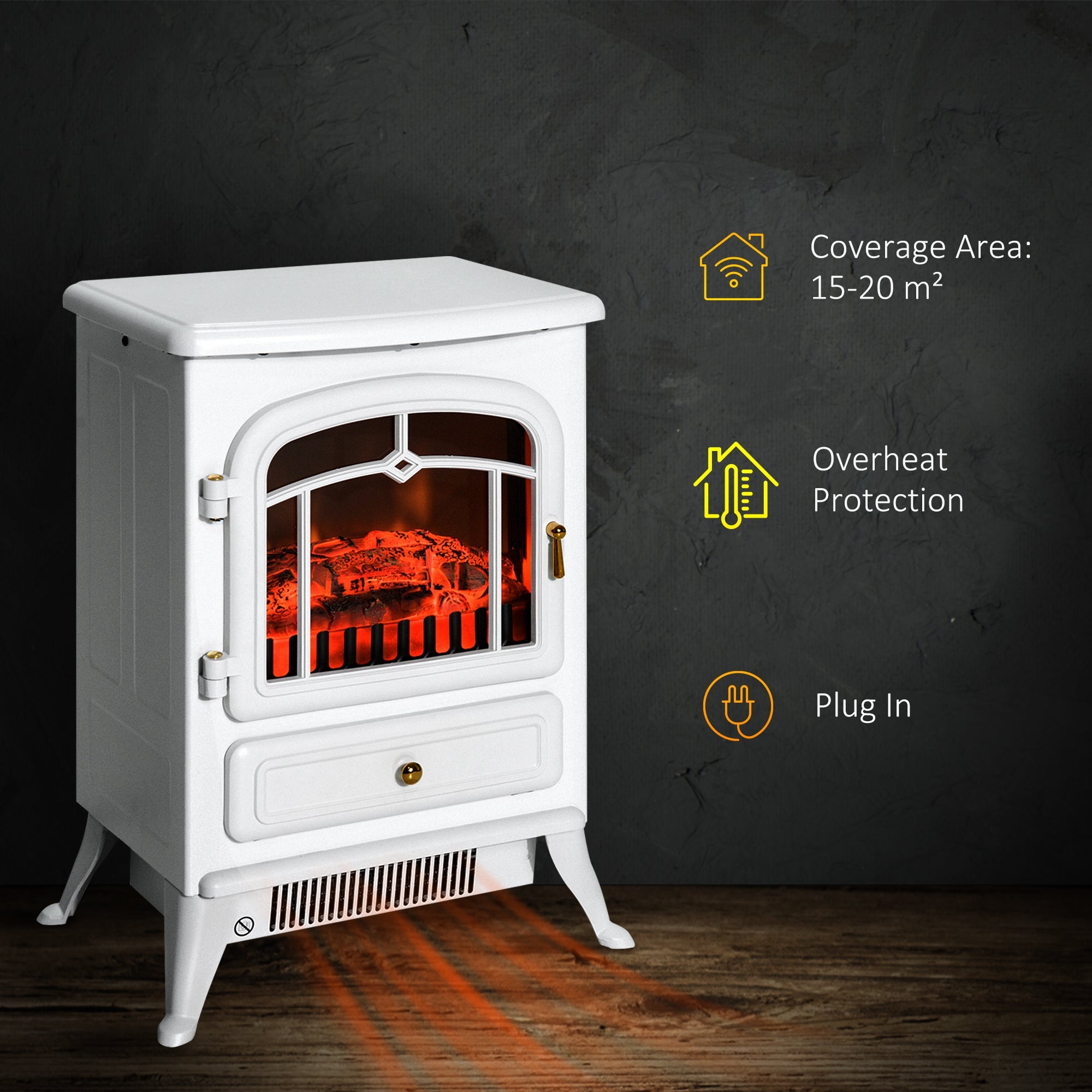 HOMCOM 16" Freestanding Electric Fireplace Heater Fire Stove with Wood Burning Flame 750/1500W White 