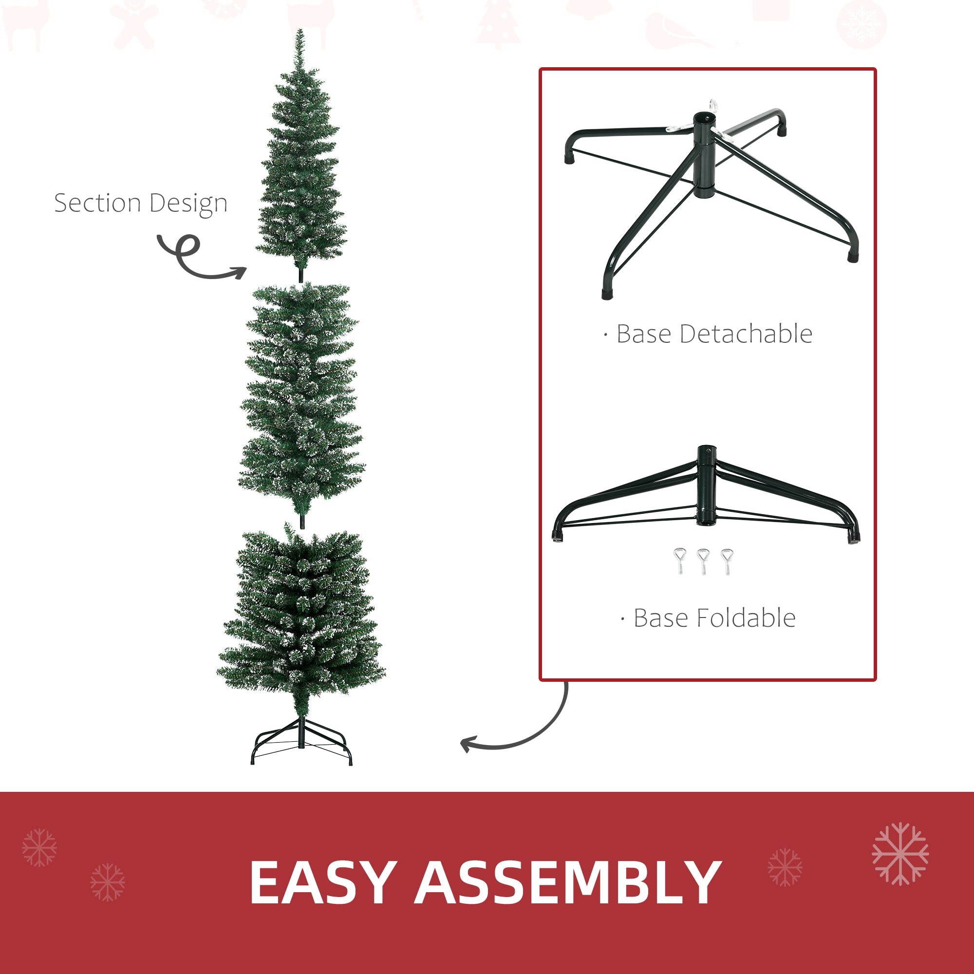 HOMCOM 7.5FT Artificial Snow Dipped Christmas Tree Xmas Pencil Tree Holiday Home Indoor Decoration with Foldable Black Stand, Green 