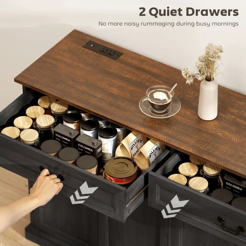 55" Farmhouse Sideboard Buffet Cabinet with Charging Station, 2 Drawers and 2 Adjustable Shelves, Black Wood Grain
