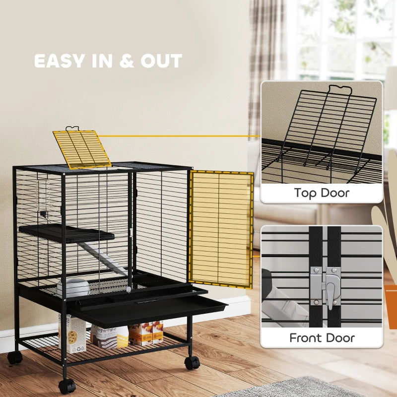 Rolling Small Animal Cage 34"H Chinchilla Cage for Ferrets, Squirrels w/ Removable Tray, Storage Shelf, Black