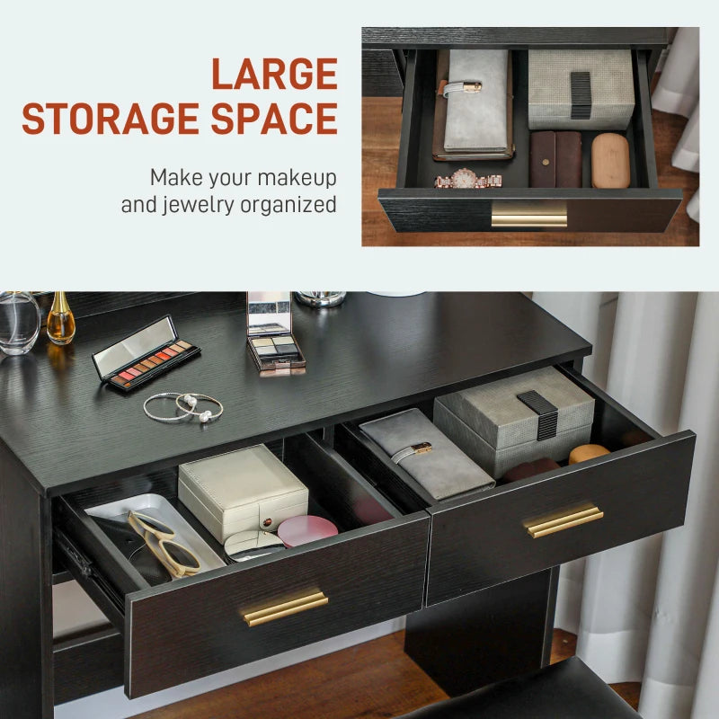 HOMCOM Makeup Vanity Desk Set with Stool, LED Lighted Mirror, 2 Drawers, Modern Dressing Table